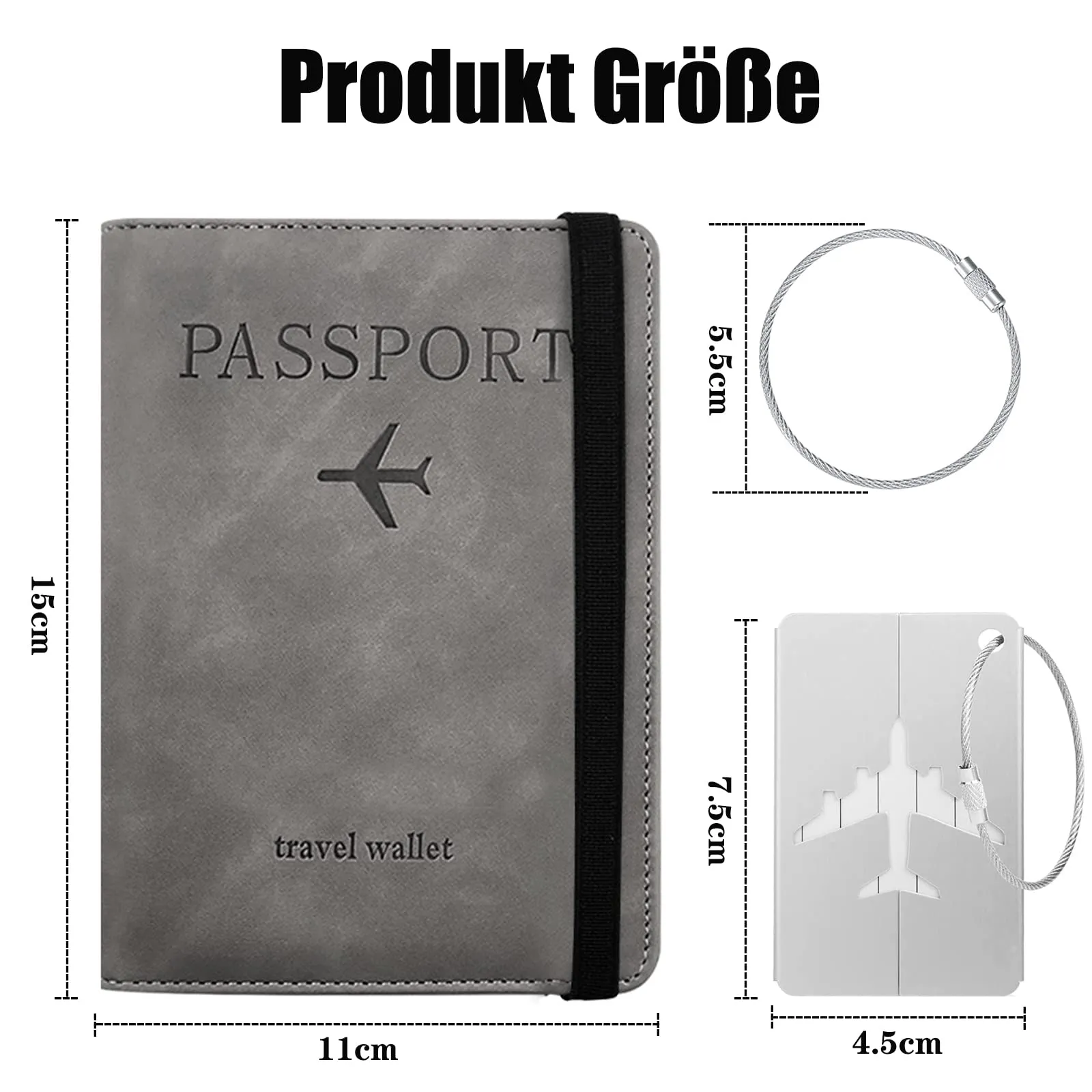 Custodia per Passaporto con Etichetta per Bagaglio, Custodia per Passaporto con Blocco RFID, Custodia Protettiva per Carte di Credito, Porta Carte, D'identità e Documenti di Viaggio(Grigio) - immagine 2