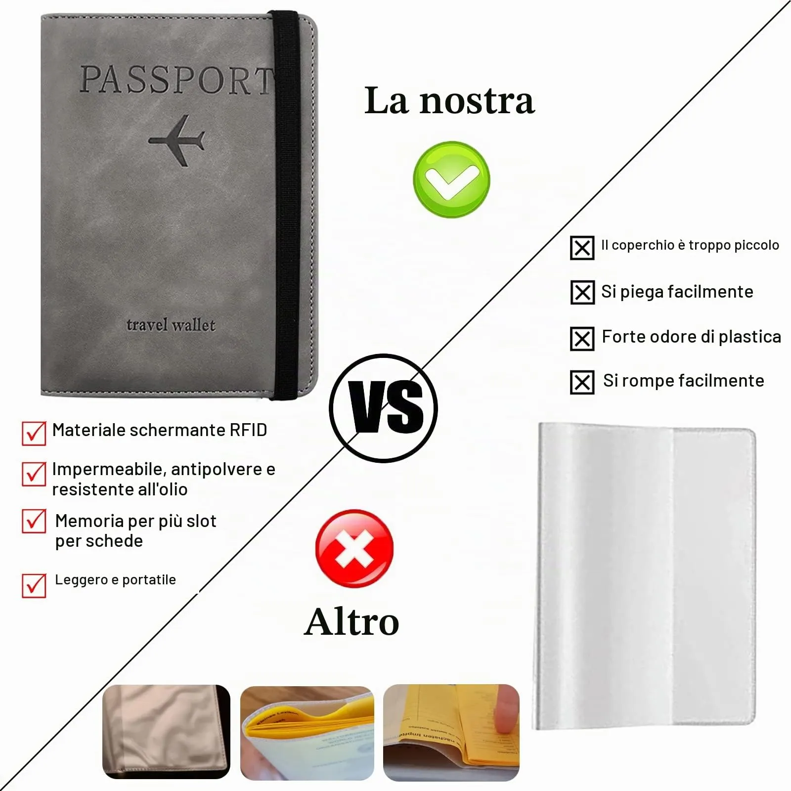 Custodia per Passaporto con Etichetta per Bagaglio, Custodia per Passaporto con Blocco RFID, Custodia Protettiva per Carte di Credito, Porta Carte, D'identità e Documenti di Viaggio(Grigio) - immagine 3