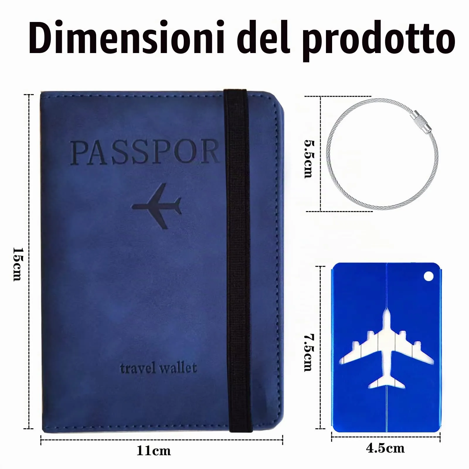 Custodia per Passaporto con Etichetta per Bagaglio, Custodia per Passaporto con Blocco RFID, Custodia Protettiva per Carte di Credito, Porta Carte, D'identità e Documenti di Viaggio(Blu Navy) - immagine 2