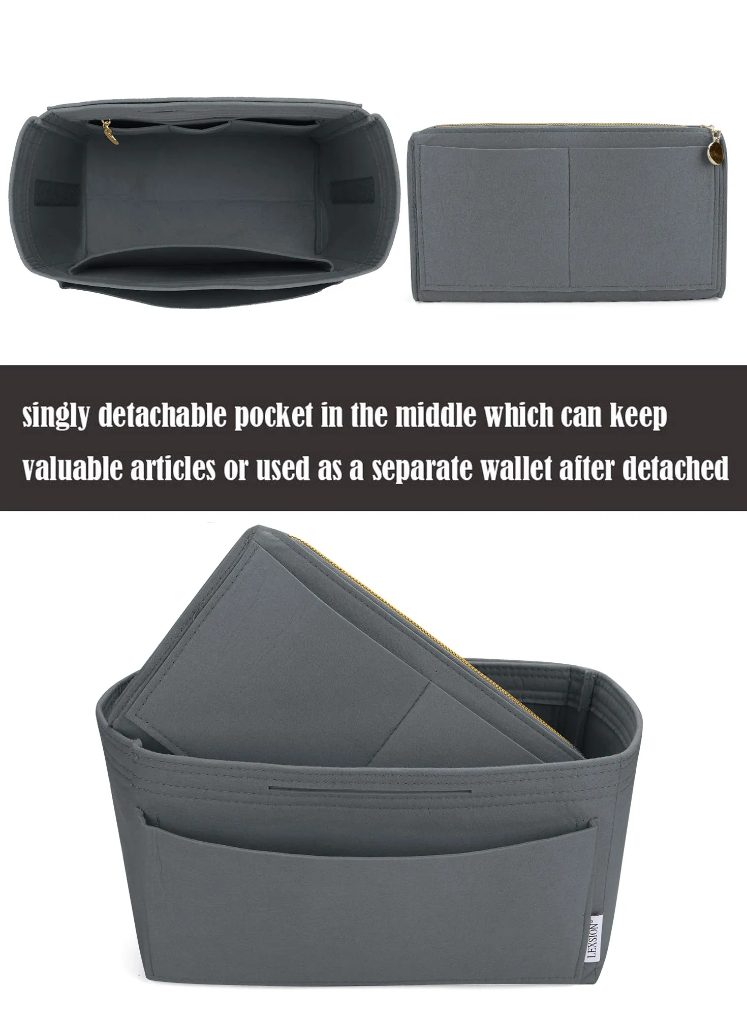 LEXSION Organizer borsa in feltro con cerniera per borsa da trasporto per Speedy Neverfull PM MM grigio chiaro L - immagine 3