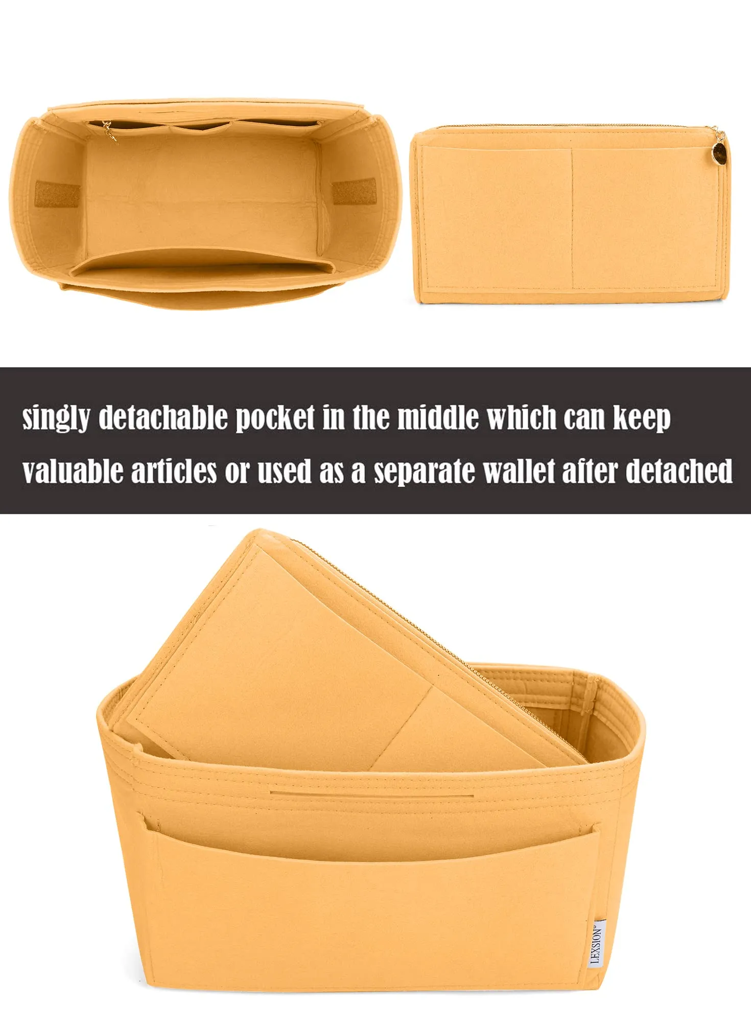 LEXSION Organizer borsa in feltro inserto con cerniera per borsa da trasporto per Speedy Neverfull PM MM giallo chiaro L - immagine 3