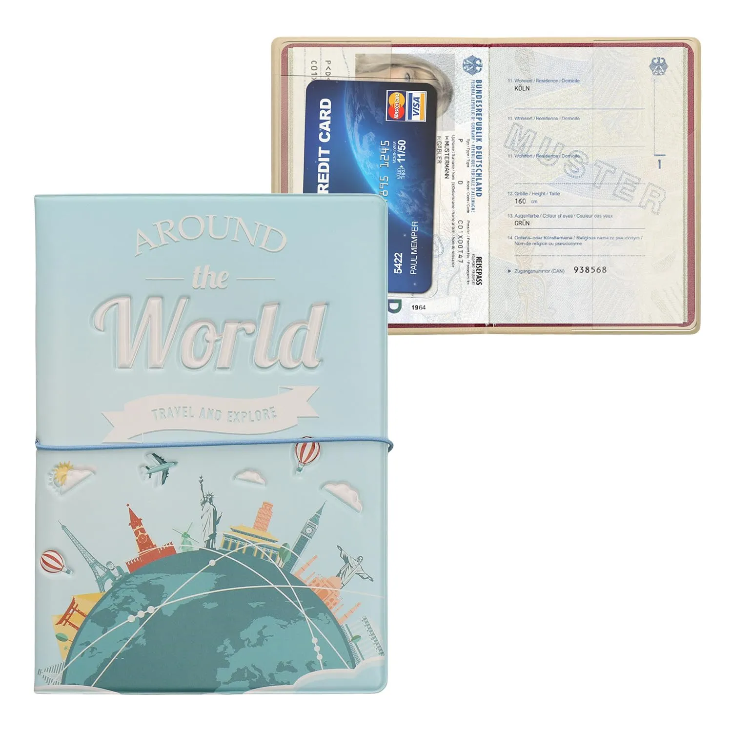 kwmobile Custodia per Passaporto - Porta Passaporto con Chiusura di Sicurezza ad Elastico - Protezione per Documenti - blu chiaro/bianco/verde - immagine 7