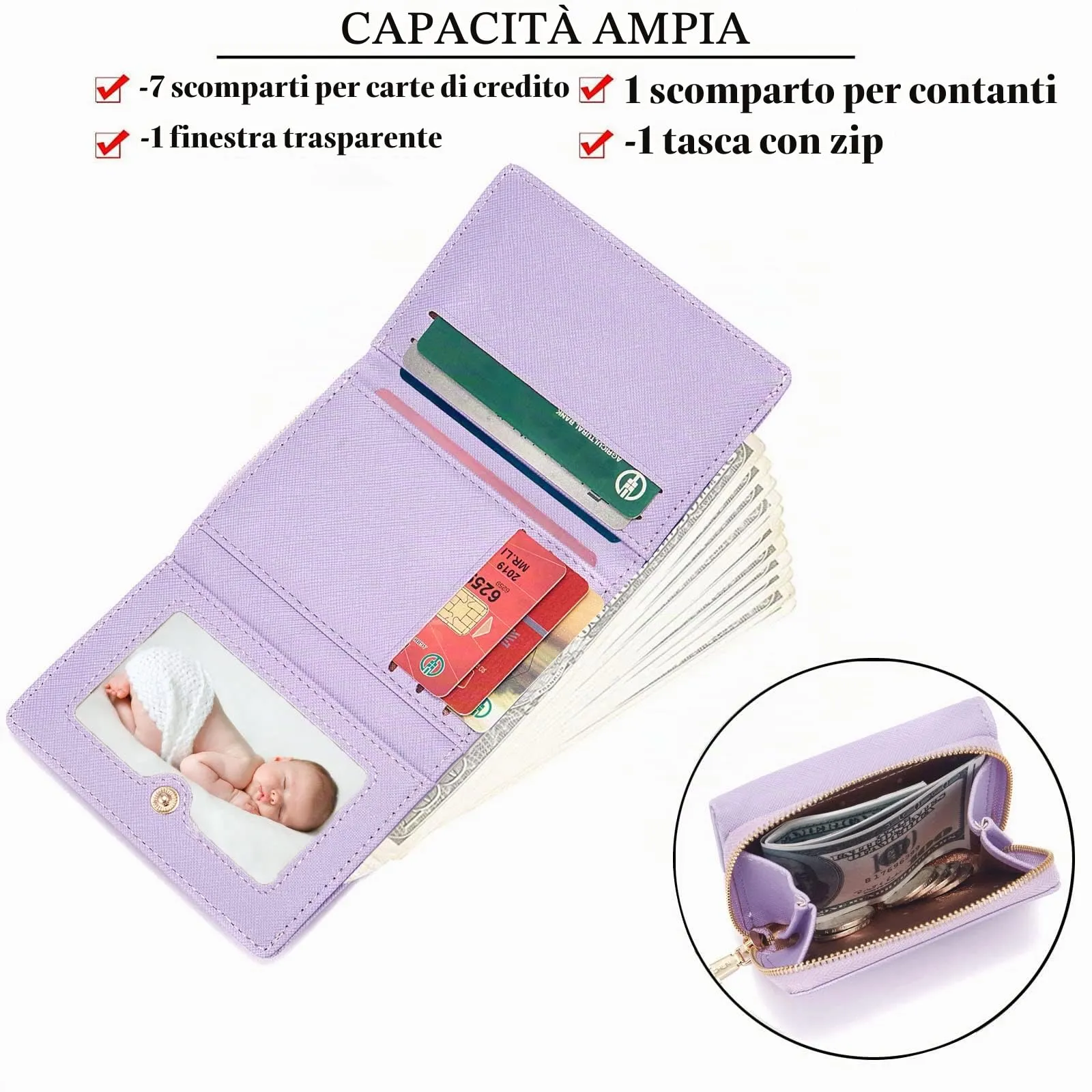 Borsellino da donna, Portafoglio da donna, Portafoglio da donna, Portafoglio da donna con grande capacità, Portafoglio da donna elegante e dolce con grande tasca per monete Viola - immagine 3