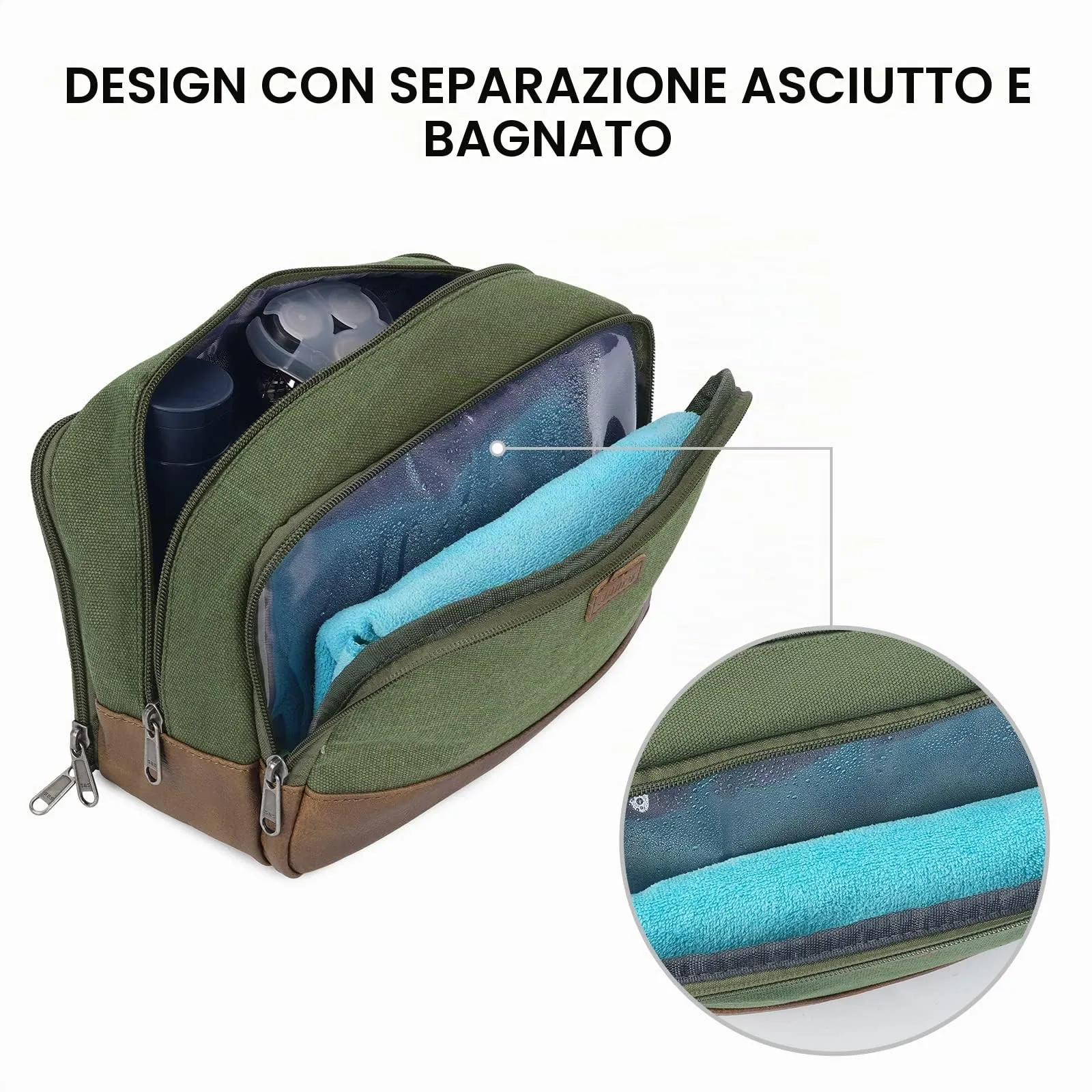 WANDF Beauty Case Uomo da Viaggio – Borsa da Toilette Impermeabile Organizer Capiente per Accessori da Barba e Igiene, con Manico Laterale (Verde) - immagine 2