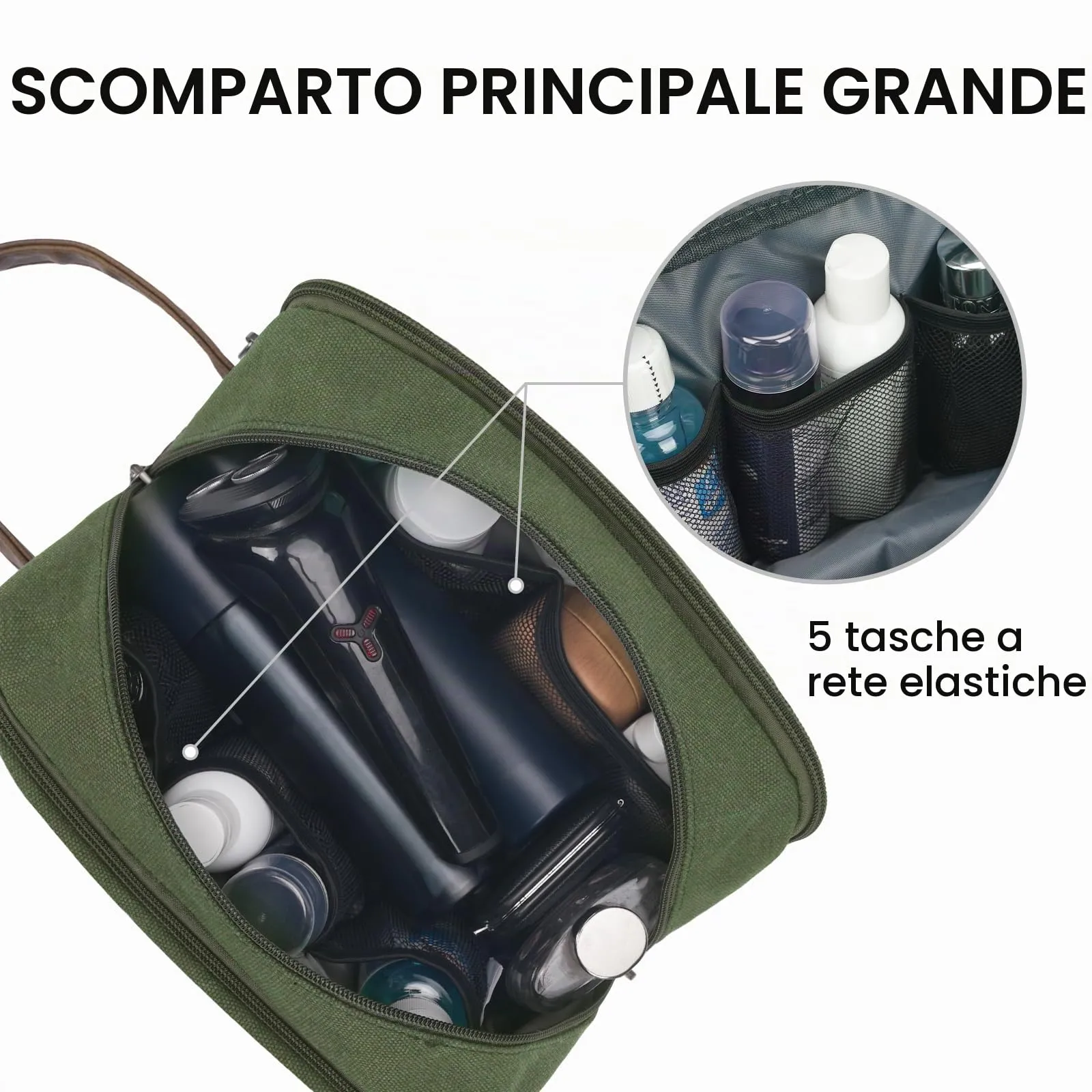WANDF Beauty Case Uomo da Viaggio – Borsa da Toilette Impermeabile Organizer Capiente per Accessori da Barba e Igiene, con Manico Laterale (Verde) - immagine 3