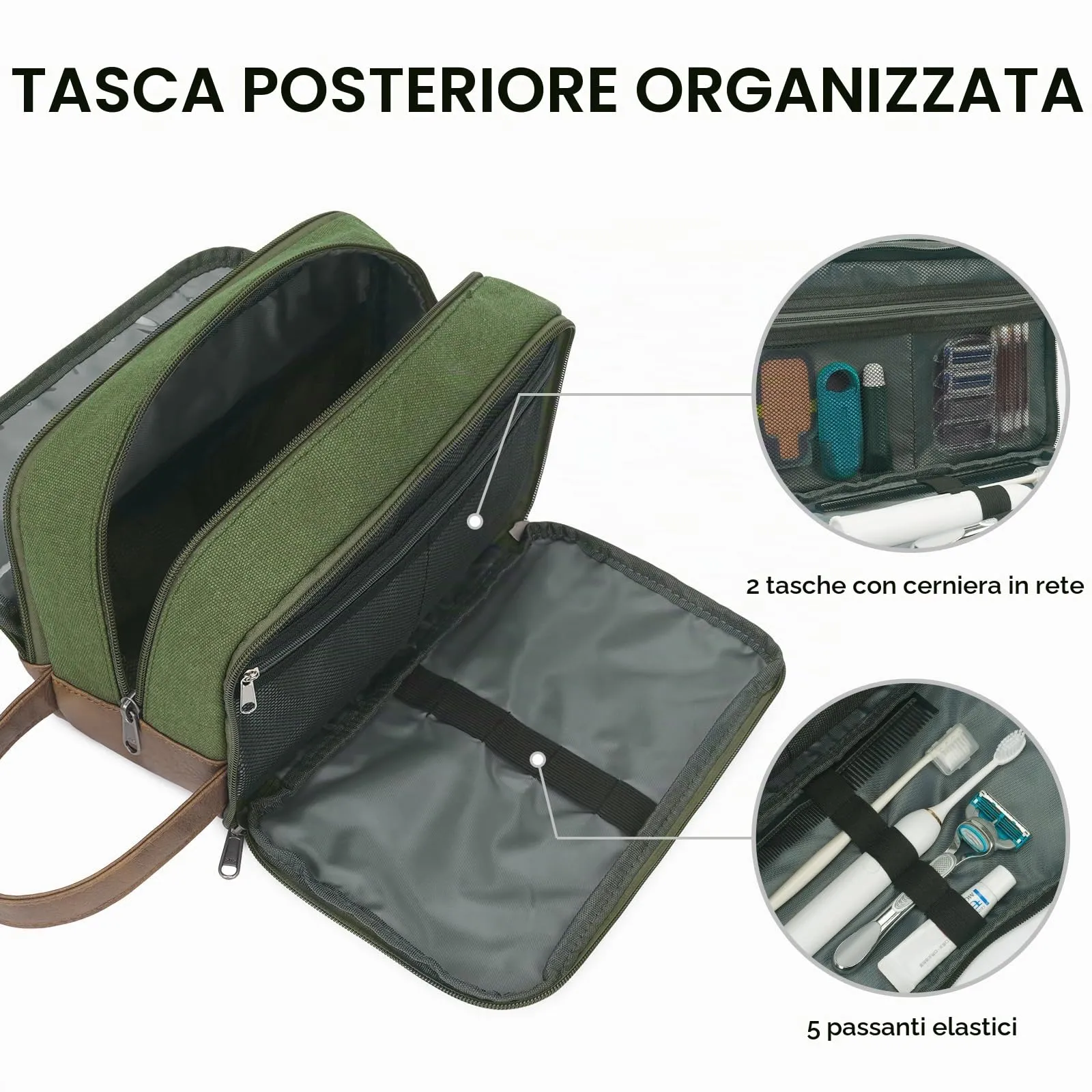 WANDF Beauty Case Uomo da Viaggio – Borsa da Toilette Impermeabile Organizer Capiente per Accessori da Barba e Igiene, con Manico Laterale (Verde) - immagine 4