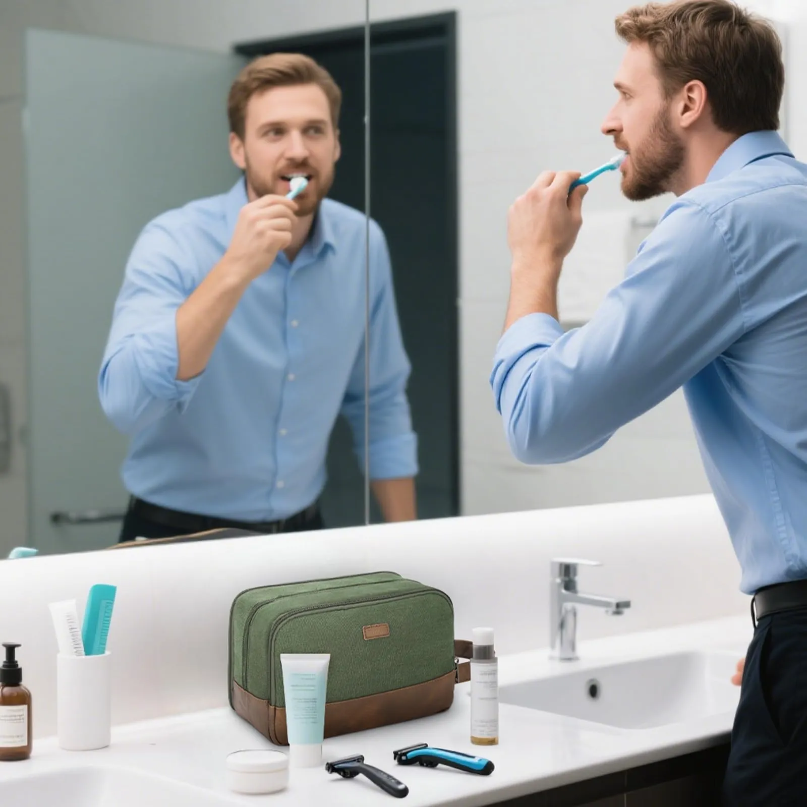 WANDF Beauty Case Uomo da Viaggio – Borsa da Toilette Impermeabile Organizer Capiente per Accessori da Barba e Igiene, con Manico Laterale (Verde) - immagine 5