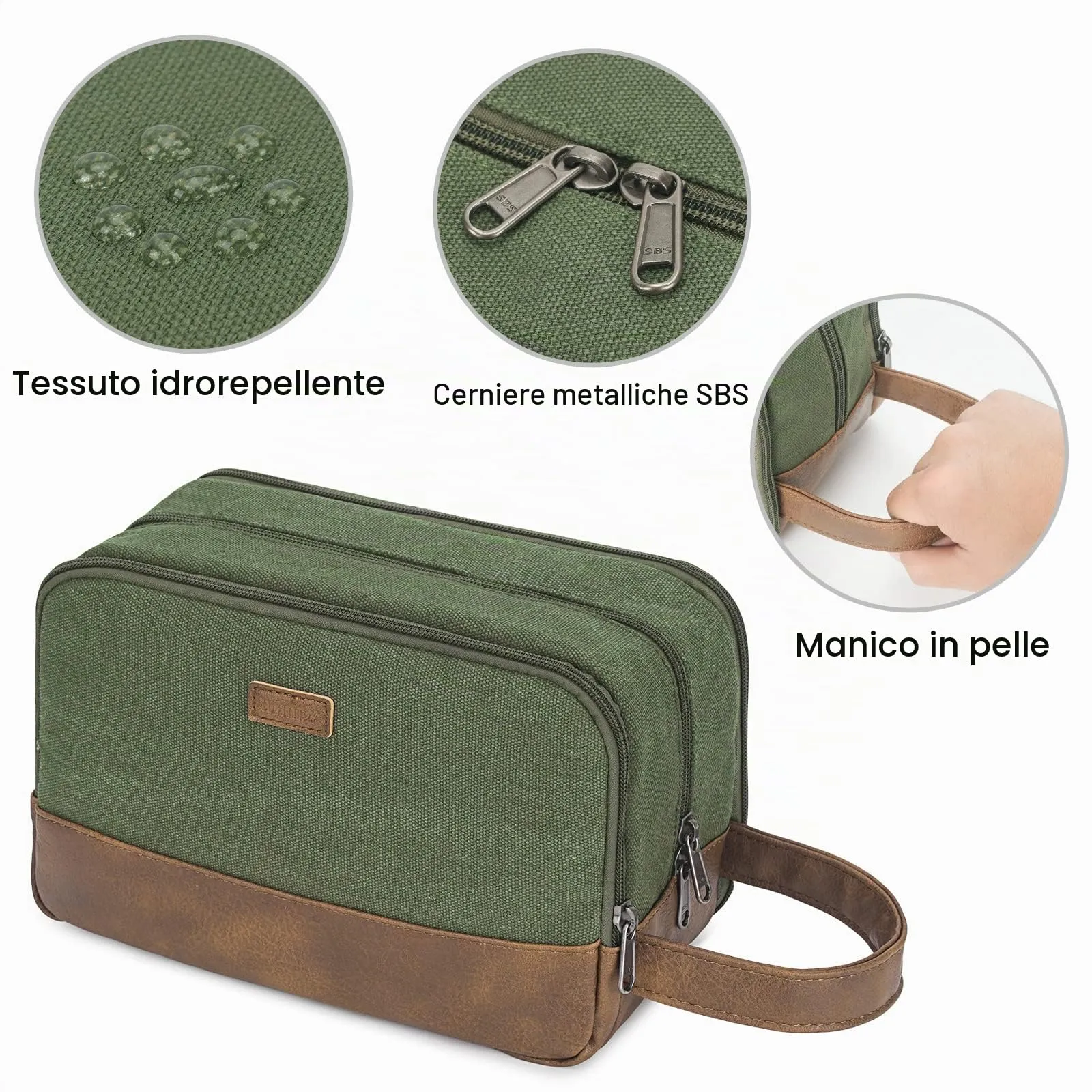 WANDF Beauty Case Uomo da Viaggio – Borsa da Toilette Impermeabile Organizer Capiente per Accessori da Barba e Igiene, con Manico Laterale (Verde) - immagine 6