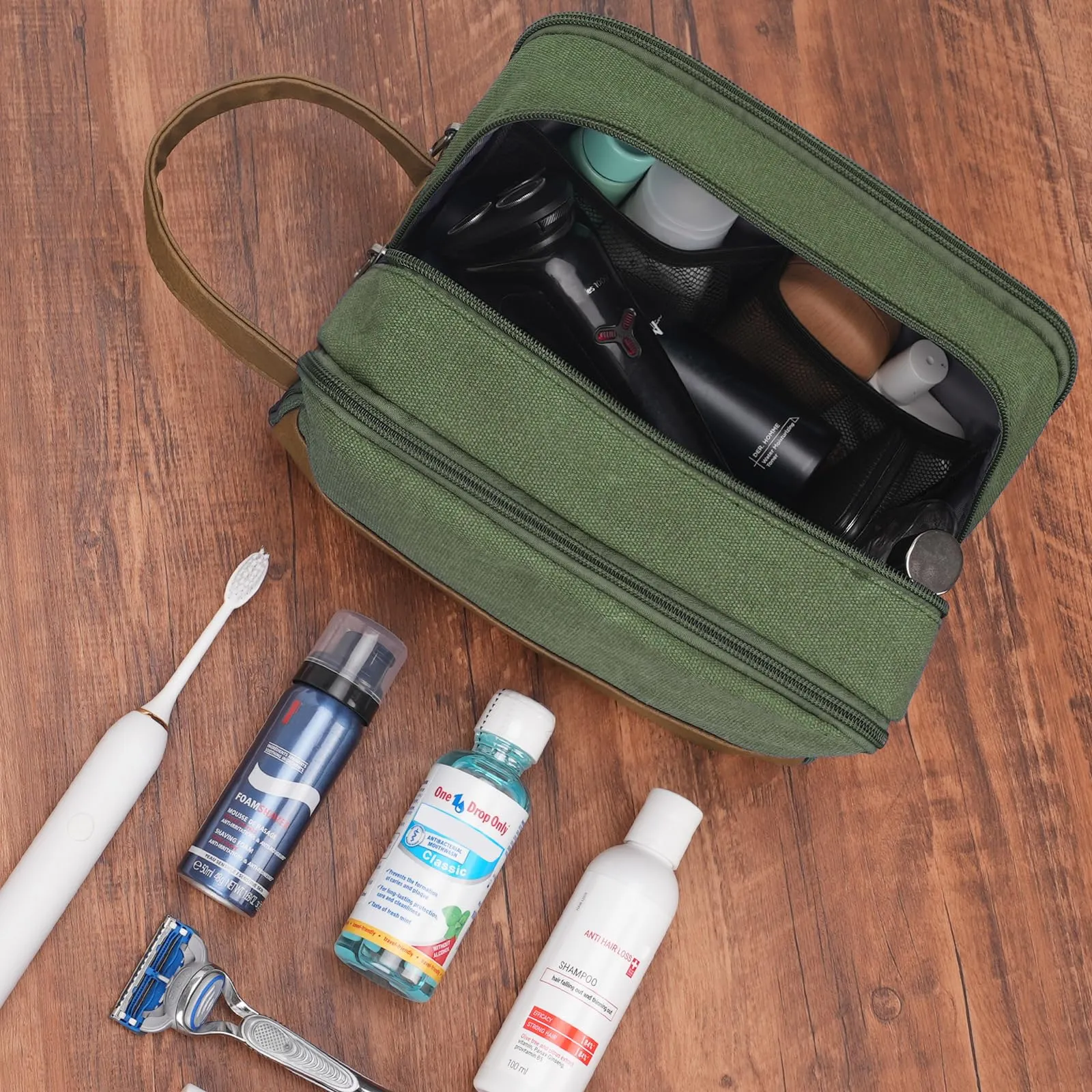 WANDF Beauty Case Uomo da Viaggio – Borsa da Toilette Impermeabile Organizer Capiente per Accessori da Barba e Igiene, con Manico Laterale (Verde) - immagine 8