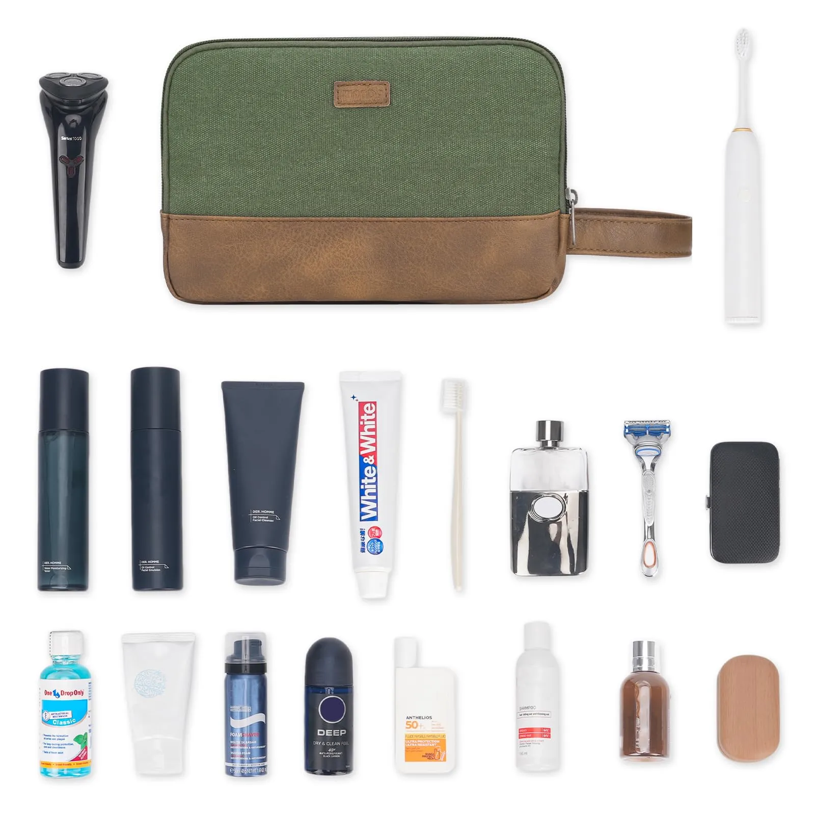 WANDF Beauty Case Uomo da Viaggio – Borsa da Toilette Impermeabile Organizer Capiente per Accessori da Barba e Igiene, con Manico Laterale (Verde) - immagine 9