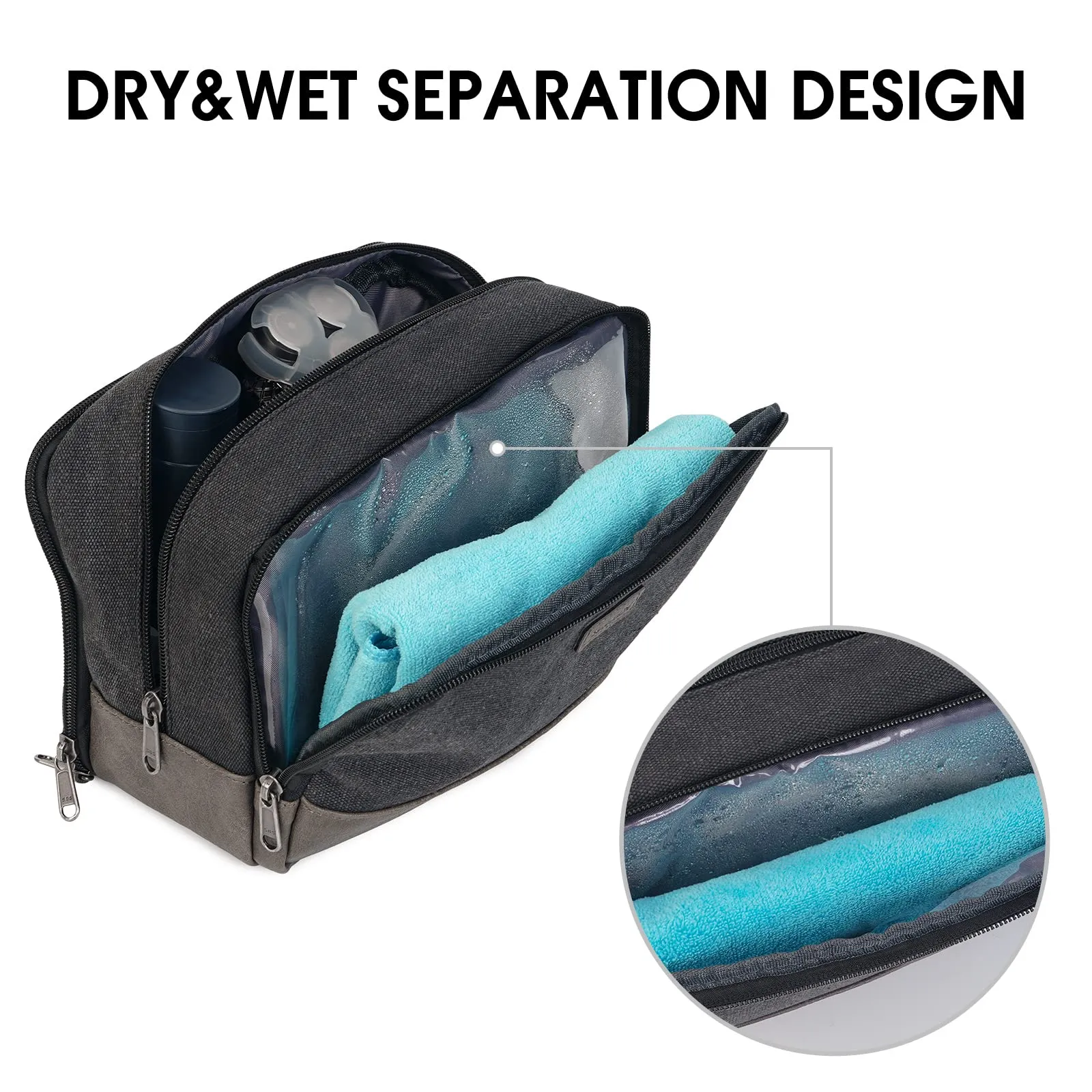 WANDF Beauty Case Uomo da Viaggio – Borsa da Toilette Impermeabile Organizer Capiente per Accessori da Barba e Igiene, con Manico Laterale (Nero) - immagine 2