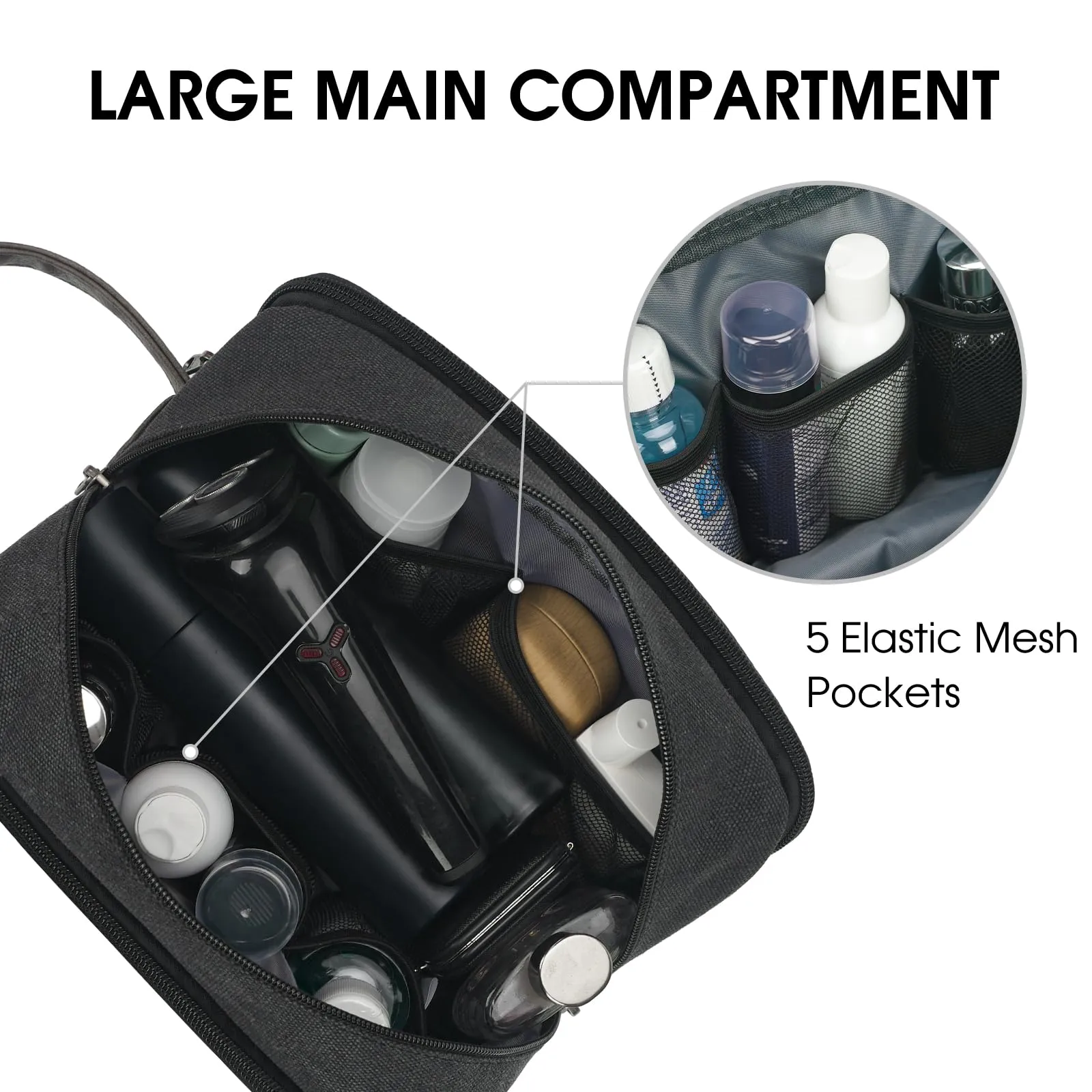 WANDF Beauty Case Uomo da Viaggio – Borsa da Toilette Impermeabile Organizer Capiente per Accessori da Barba e Igiene, con Manico Laterale (Nero) - immagine 3