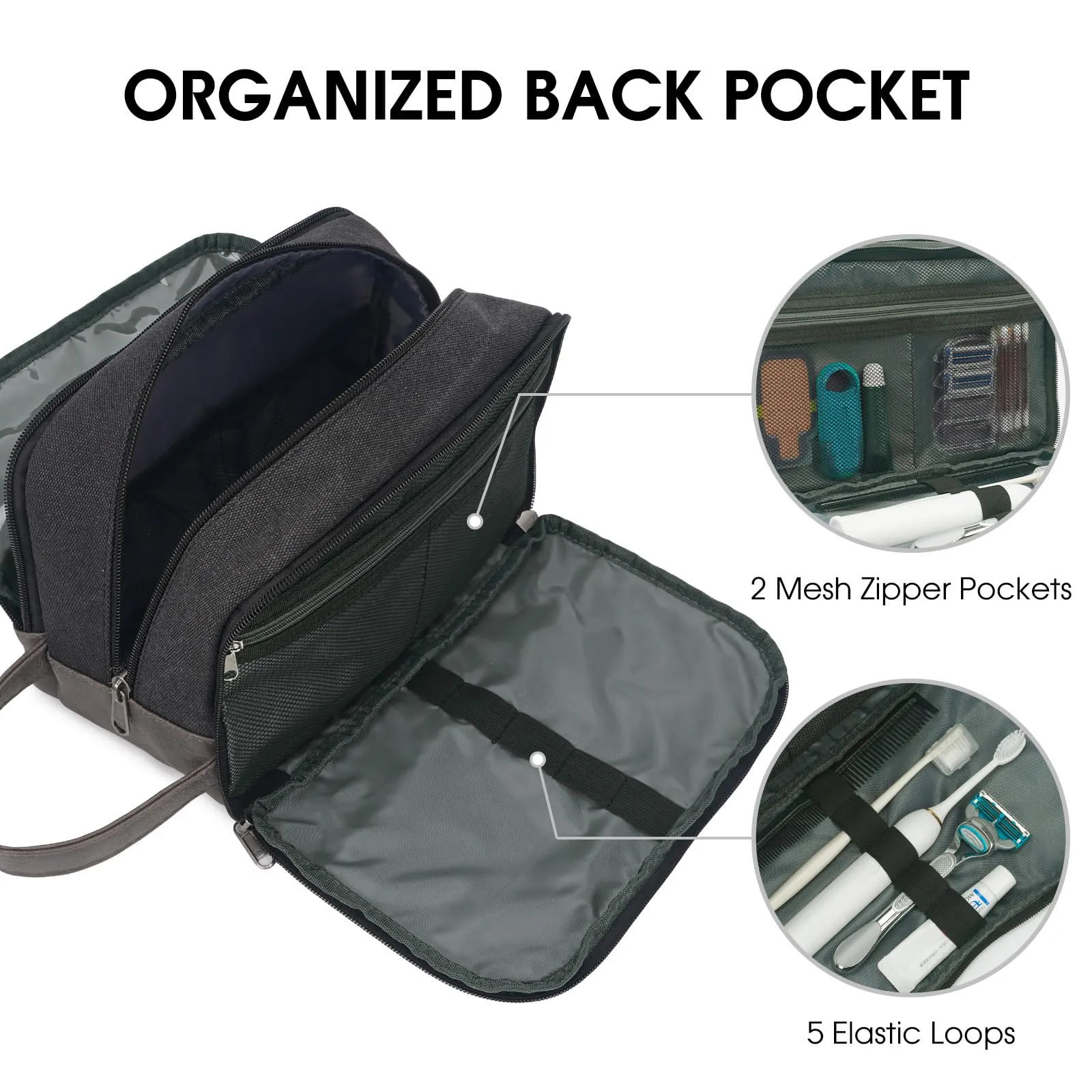 WANDF Beauty Case Uomo da Viaggio – Borsa da Toilette Impermeabile Organizer Capiente per Accessori da Barba e Igiene, con Manico Laterale (Nero) - immagine 4