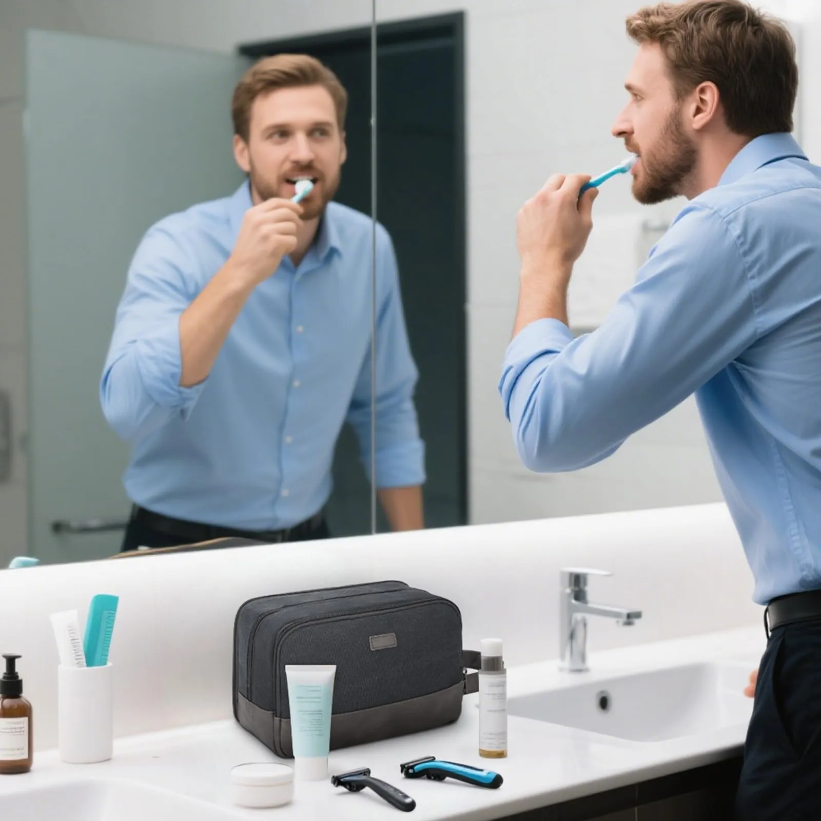 WANDF Beauty Case Uomo da Viaggio – Borsa da Toilette Impermeabile Organizer Capiente per Accessori da Barba e Igiene, con Manico Laterale (Nero) - immagine 5