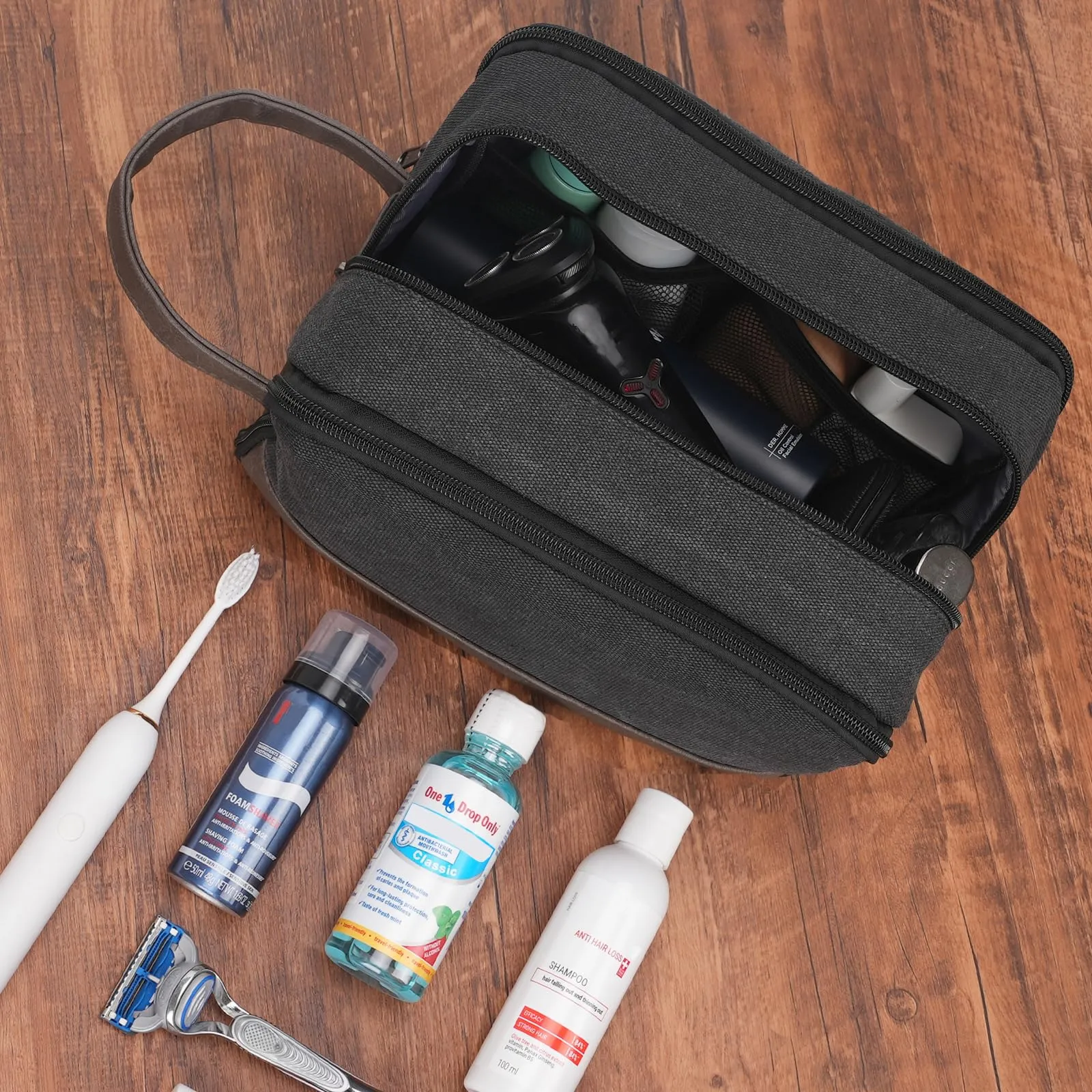 WANDF Beauty Case Uomo da Viaggio – Borsa da Toilette Impermeabile Organizer Capiente per Accessori da Barba e Igiene, con Manico Laterale (Nero) - immagine 8