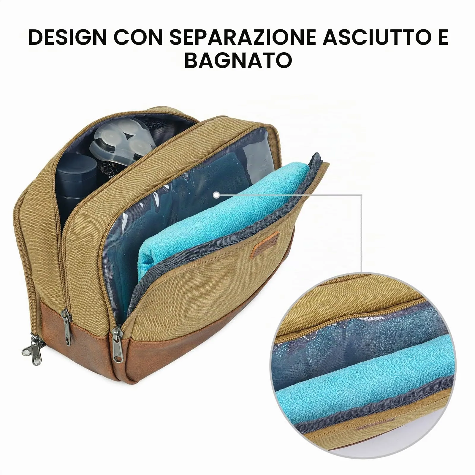 WANDF Beauty Case Uomo da Viaggio – Borsa da Toilette Impermeabile Organizer Capiente per Accessori da Barba e Igiene, con Manico Laterale (Cachi) - immagine 2