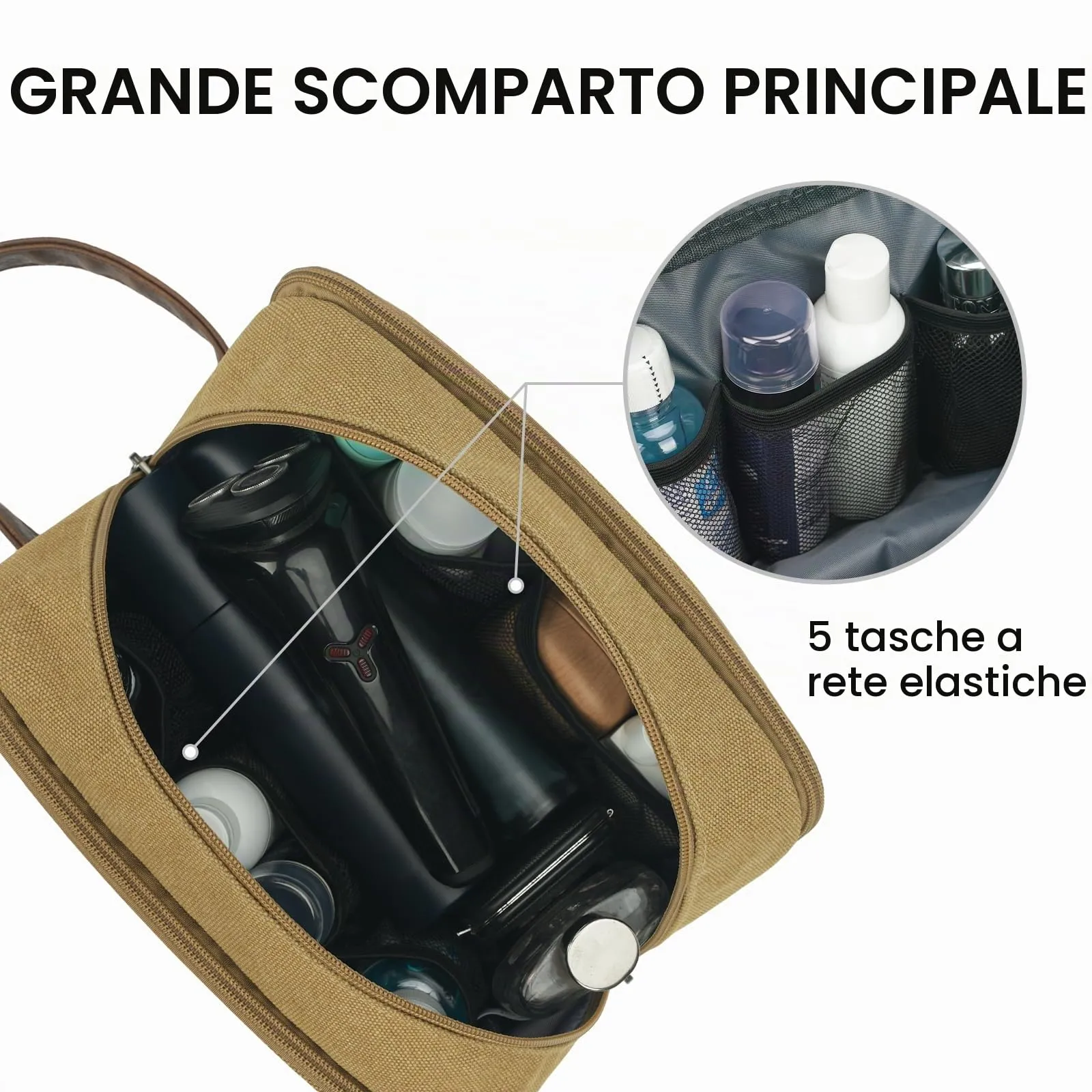 WANDF Beauty Case Uomo da Viaggio – Borsa da Toilette Impermeabile Organizer Capiente per Accessori da Barba e Igiene, con Manico Laterale (Cachi) - immagine 3