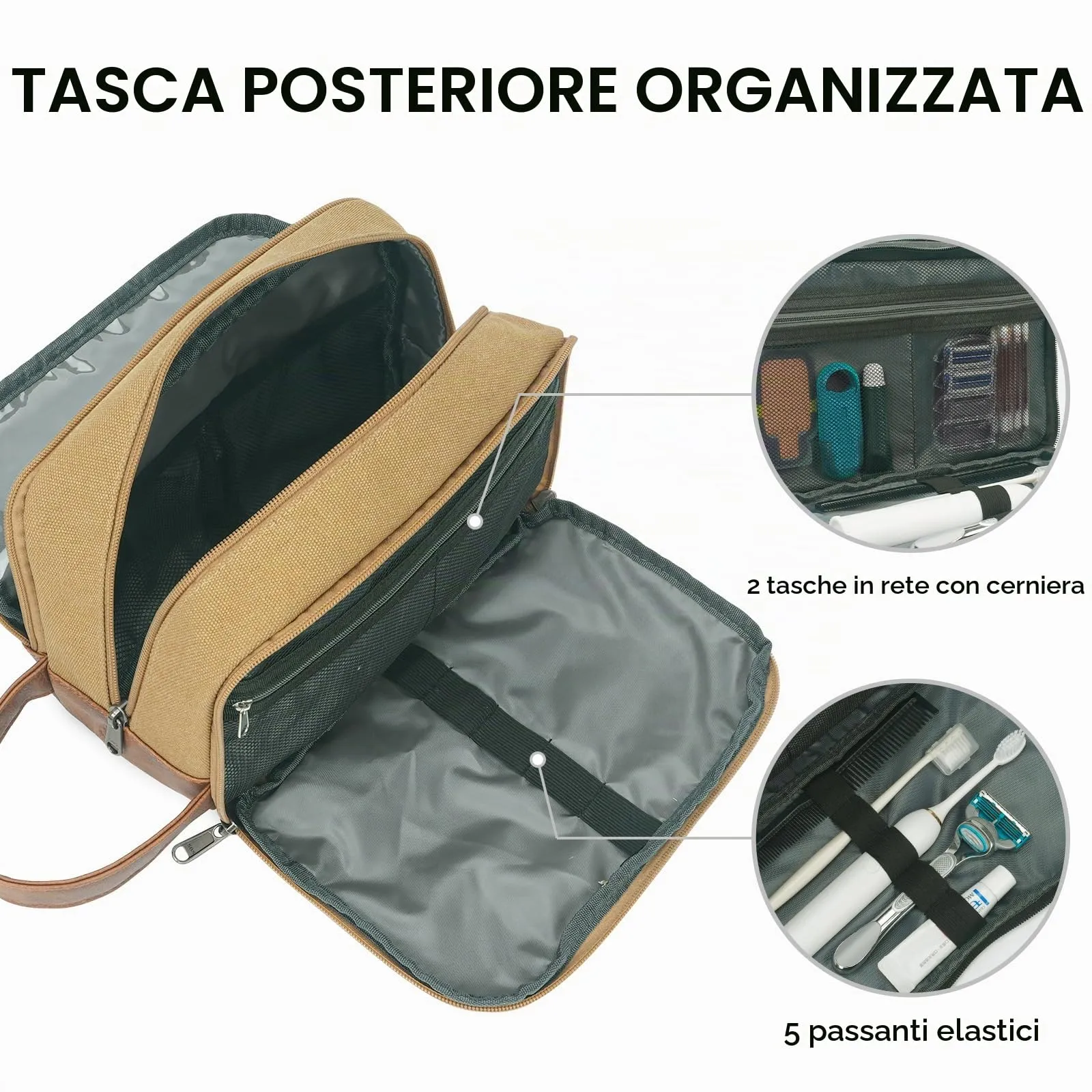 WANDF Beauty Case Uomo da Viaggio – Borsa da Toilette Impermeabile Organizer Capiente per Accessori da Barba e Igiene, con Manico Laterale (Cachi) - immagine 4