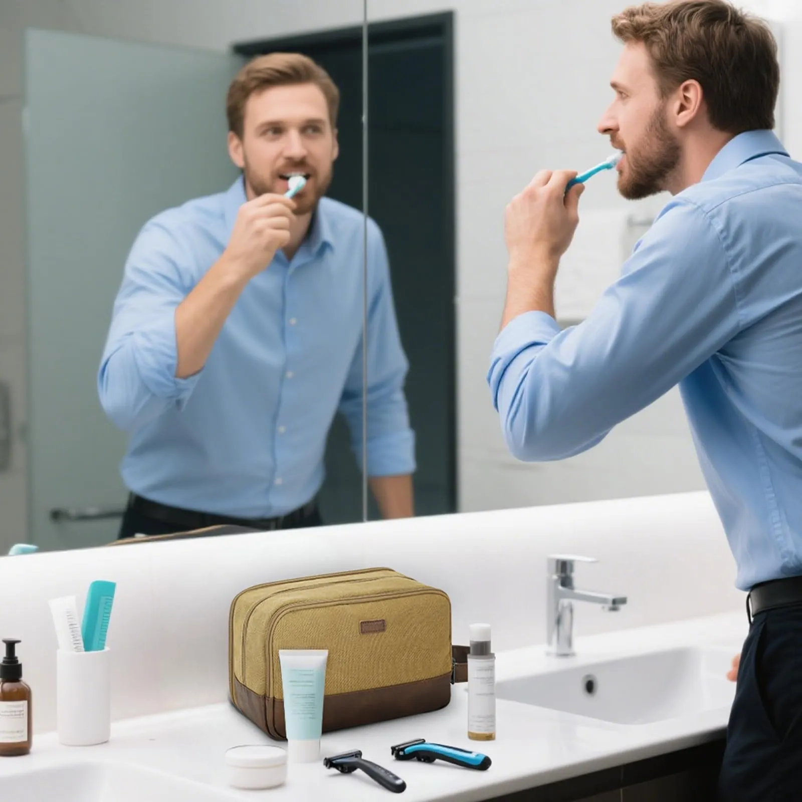 WANDF Beauty Case Uomo da Viaggio – Borsa da Toilette Impermeabile Organizer Capiente per Accessori da Barba e Igiene, con Manico Laterale (Cachi) - immagine 5
