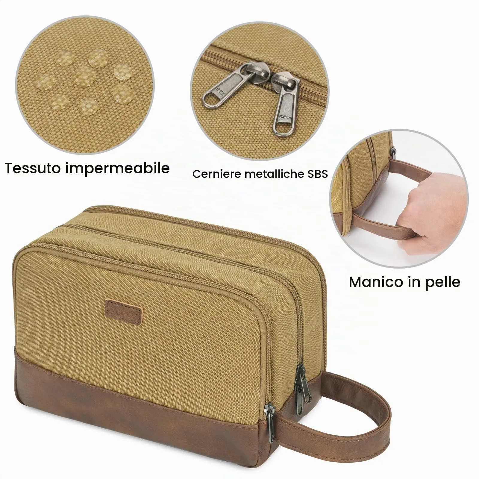 WANDF Beauty Case Uomo da Viaggio – Borsa da Toilette Impermeabile Organizer Capiente per Accessori da Barba e Igiene, con Manico Laterale (Cachi) - immagine 6