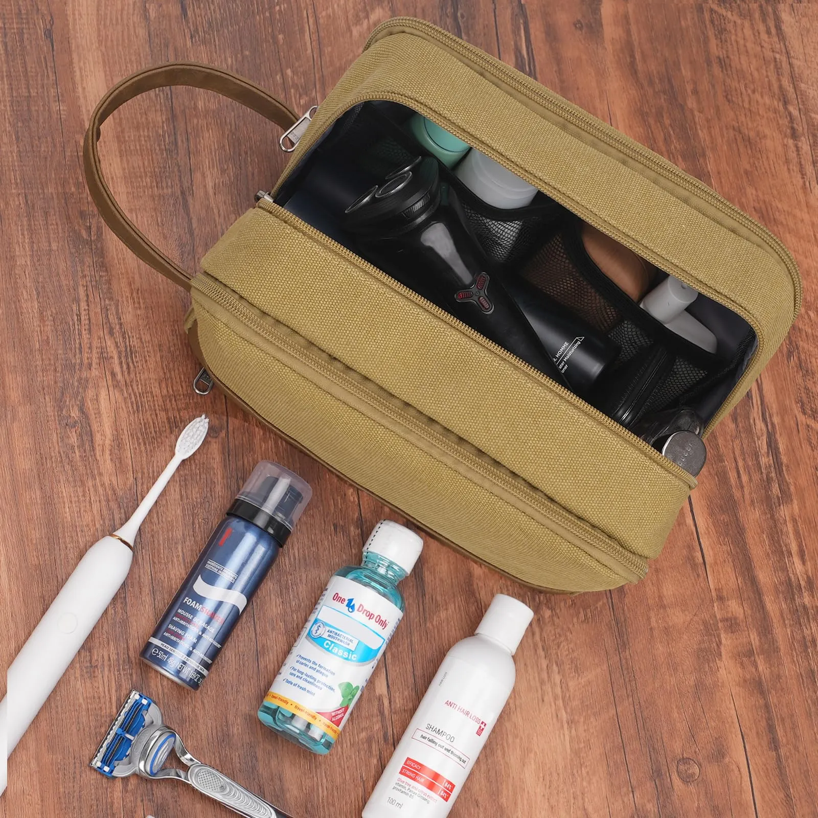 WANDF Beauty Case Uomo da Viaggio – Borsa da Toilette Impermeabile Organizer Capiente per Accessori da Barba e Igiene, con Manico Laterale (Cachi) - immagine 8