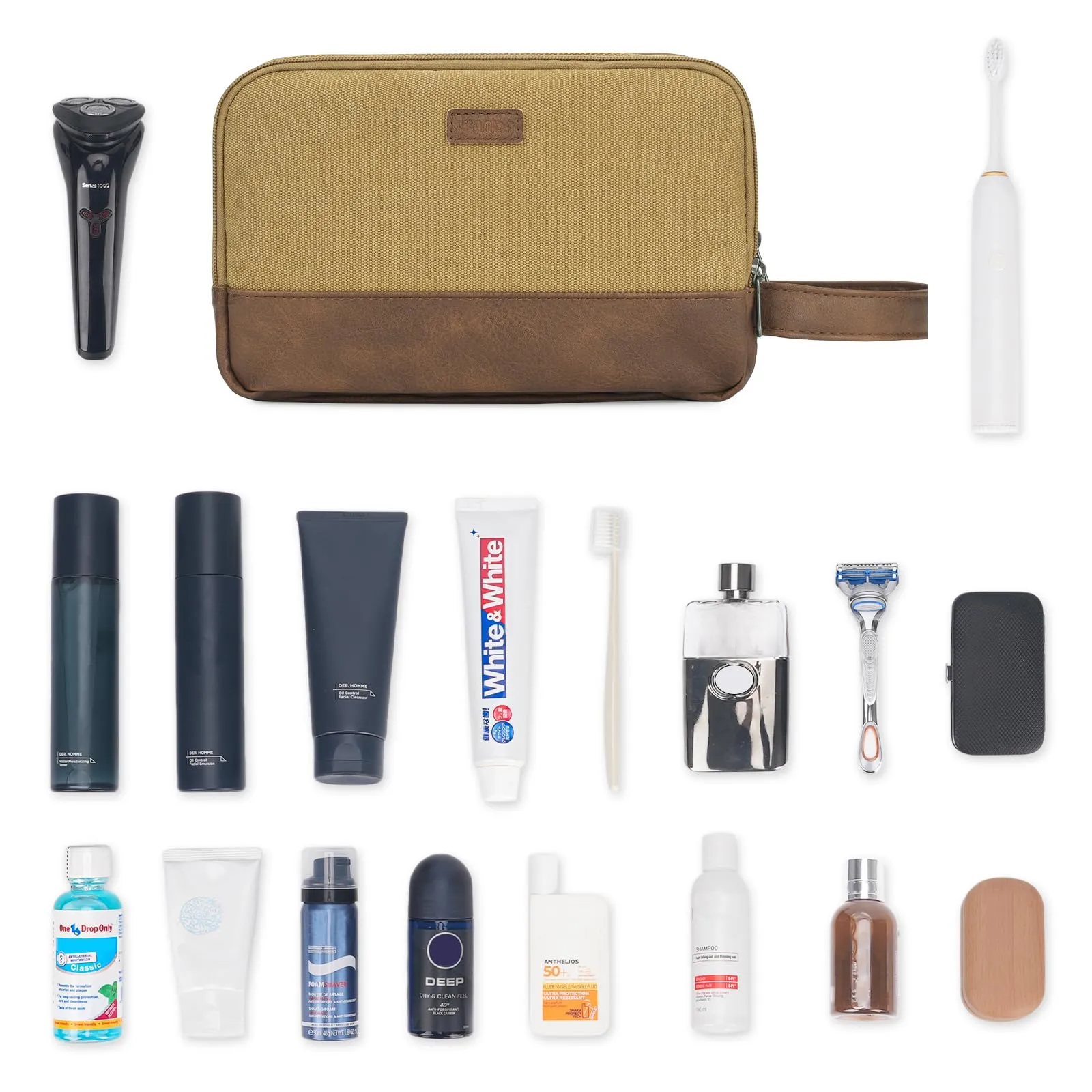 WANDF Beauty Case Uomo da Viaggio – Borsa da Toilette Impermeabile Organizer Capiente per Accessori da Barba e Igiene, con Manico Laterale (Cachi) - immagine 9