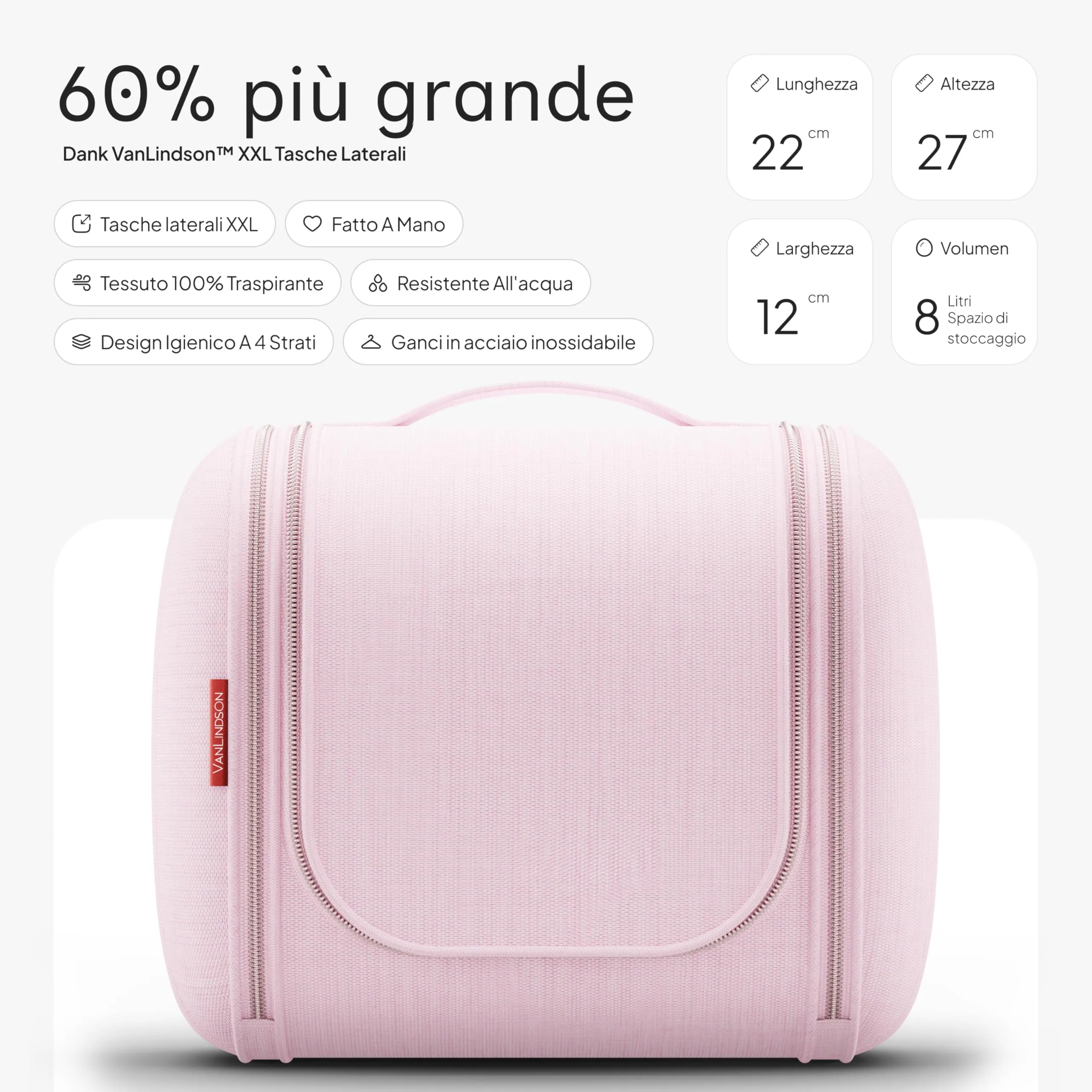 VanLindson Beauty Case da Viaggio Uomo e Donna da Appendere, 8L, Pizzo Rosa - immagine 2
