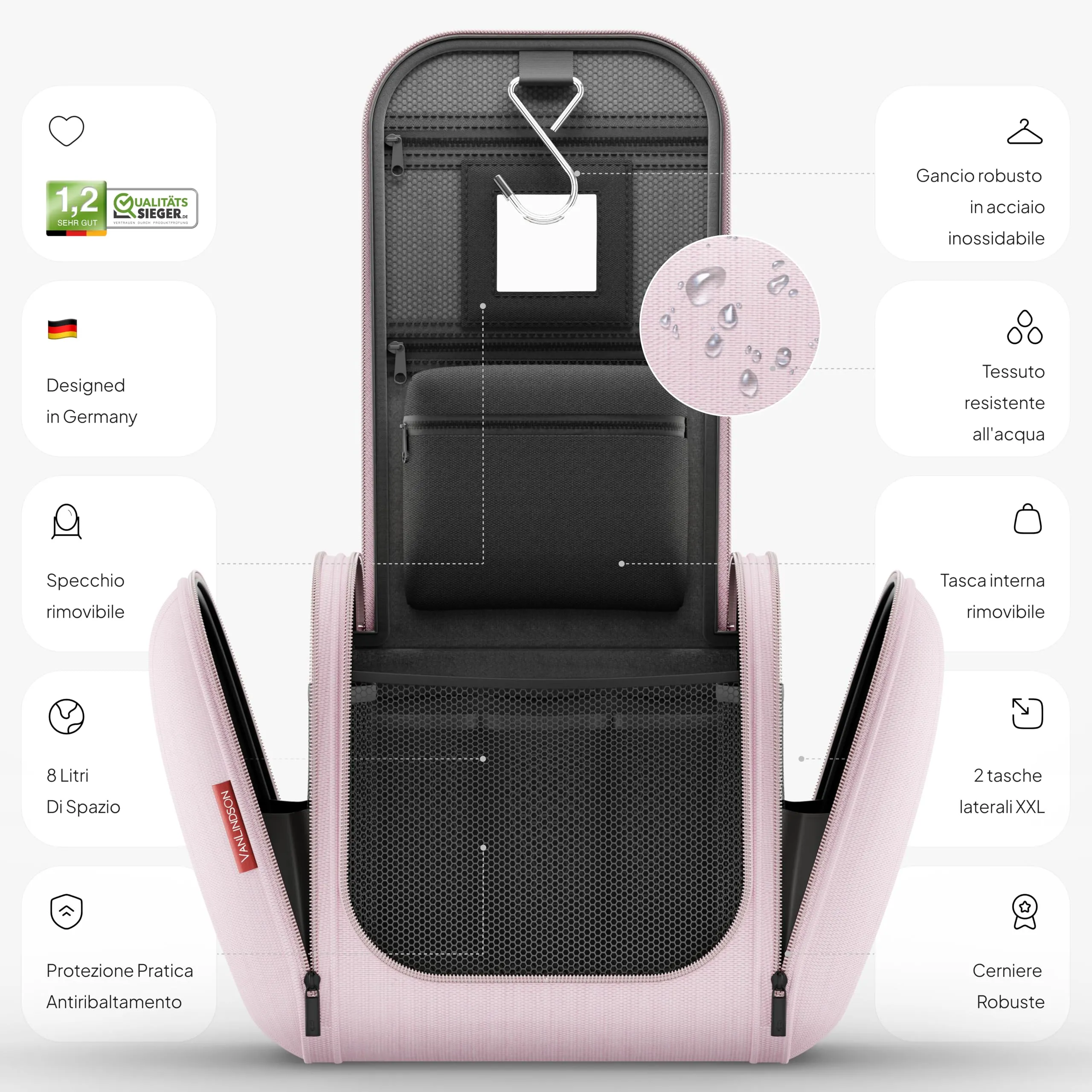 VanLindson Beauty Case da Viaggio Uomo e Donna da Appendere, 8L, Pizzo Rosa - immagine 3