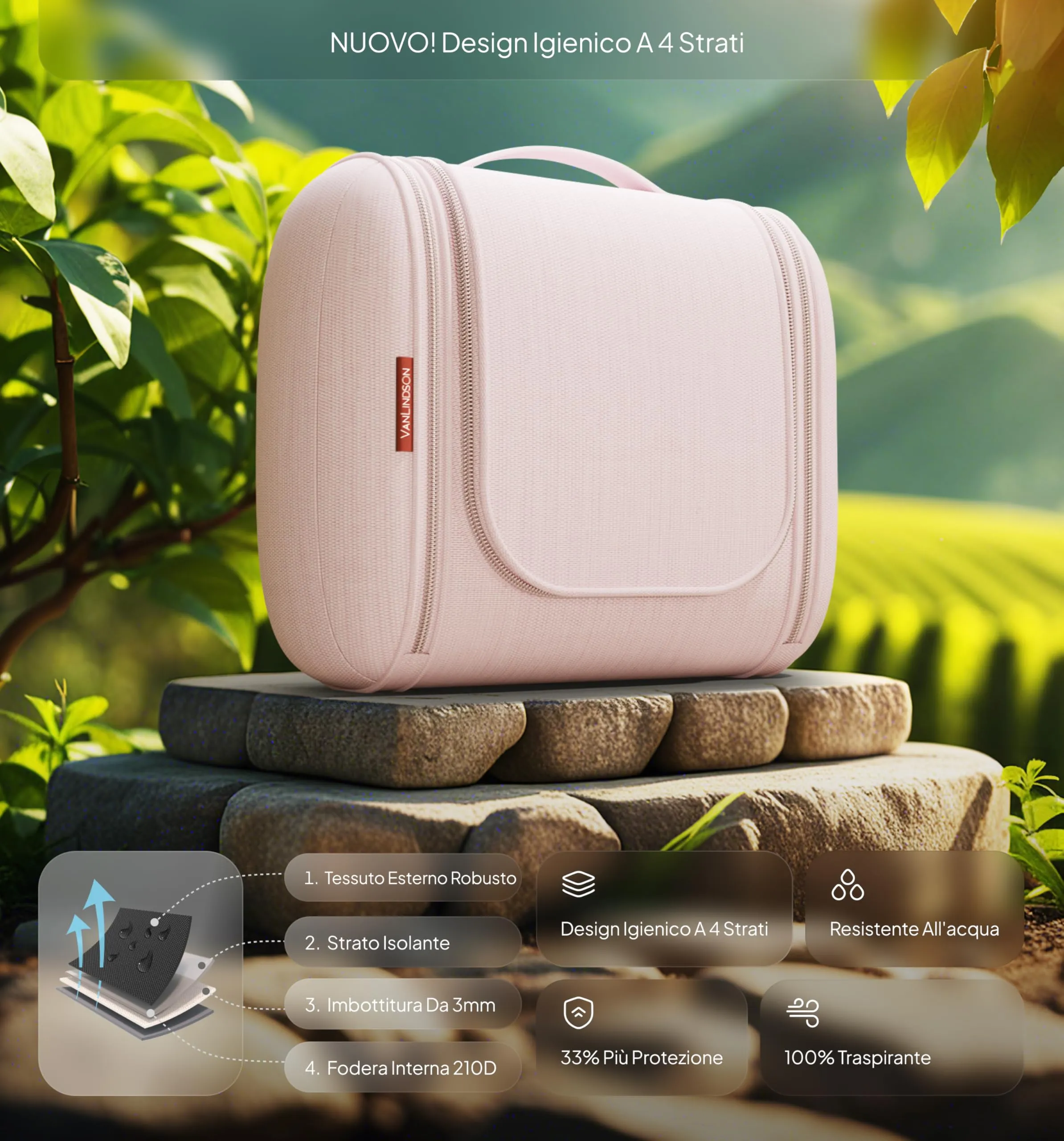 VanLindson Beauty Case da Viaggio Uomo e Donna da Appendere, 8L, Pizzo Rosa - immagine 5