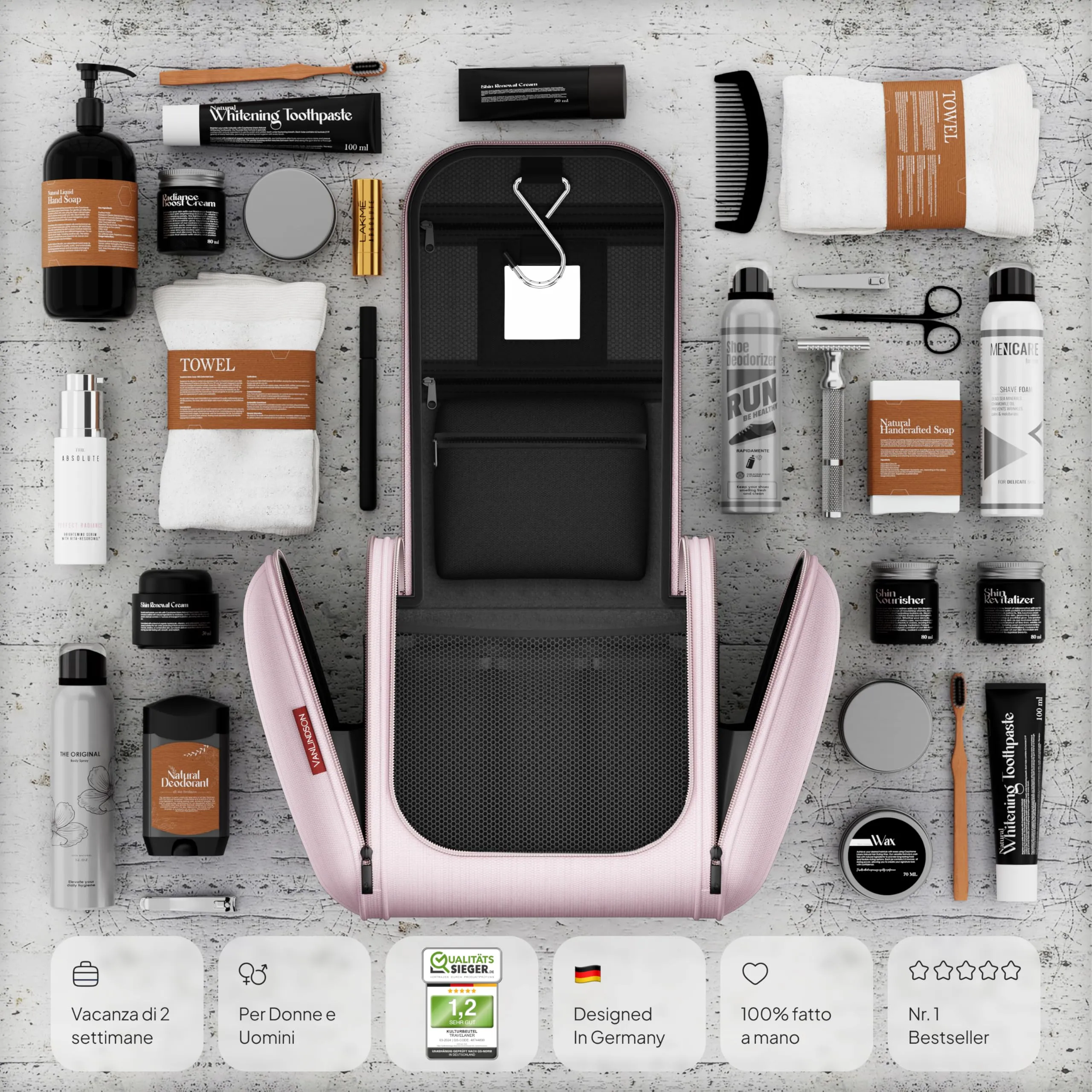 VanLindson Beauty Case da Viaggio Uomo e Donna da Appendere, 8L, Pizzo Rosa - immagine 6