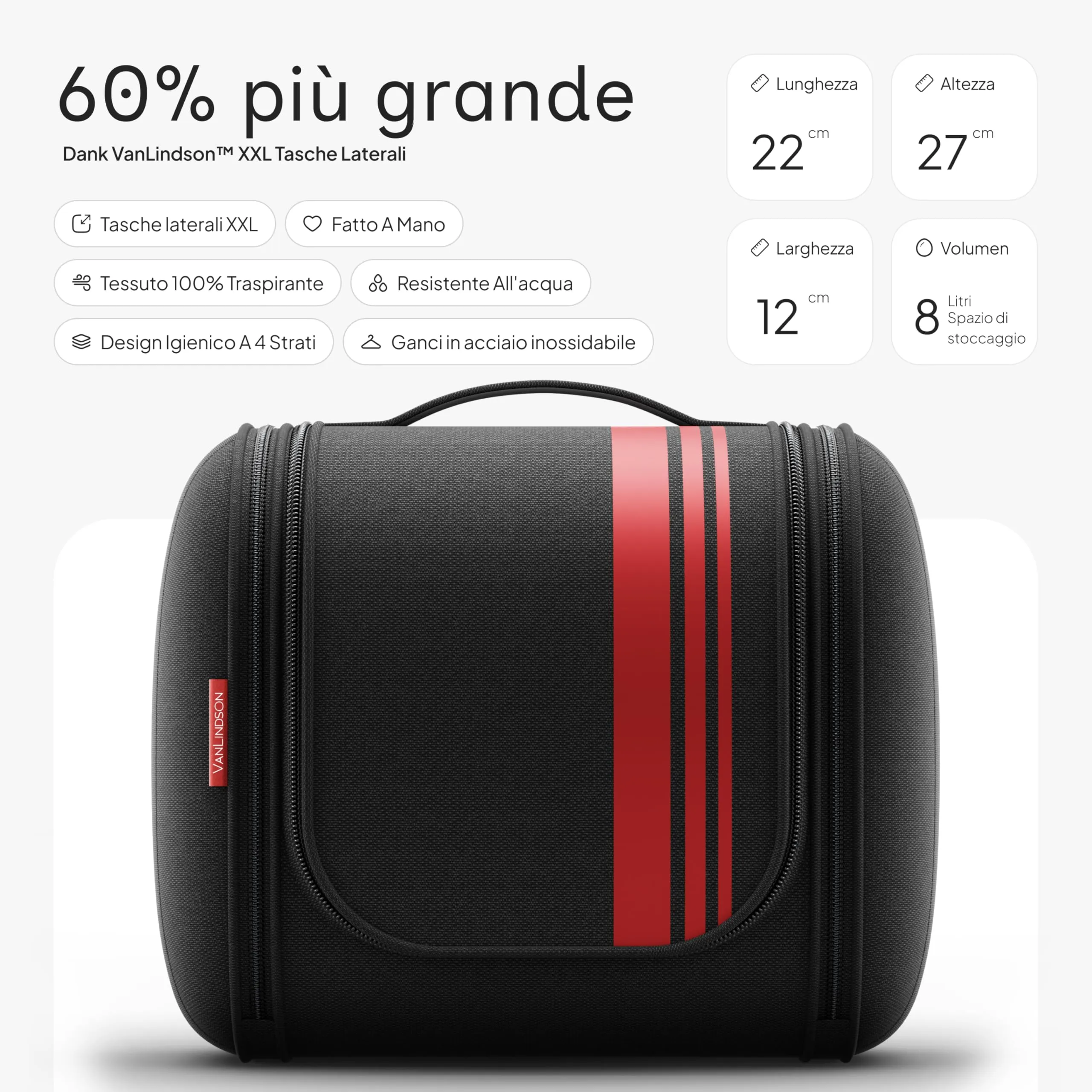 VanLindson Beauty Case da Viaggio Uomo e Donna da Appendere, 8L, Nero/Rosso - immagine 2