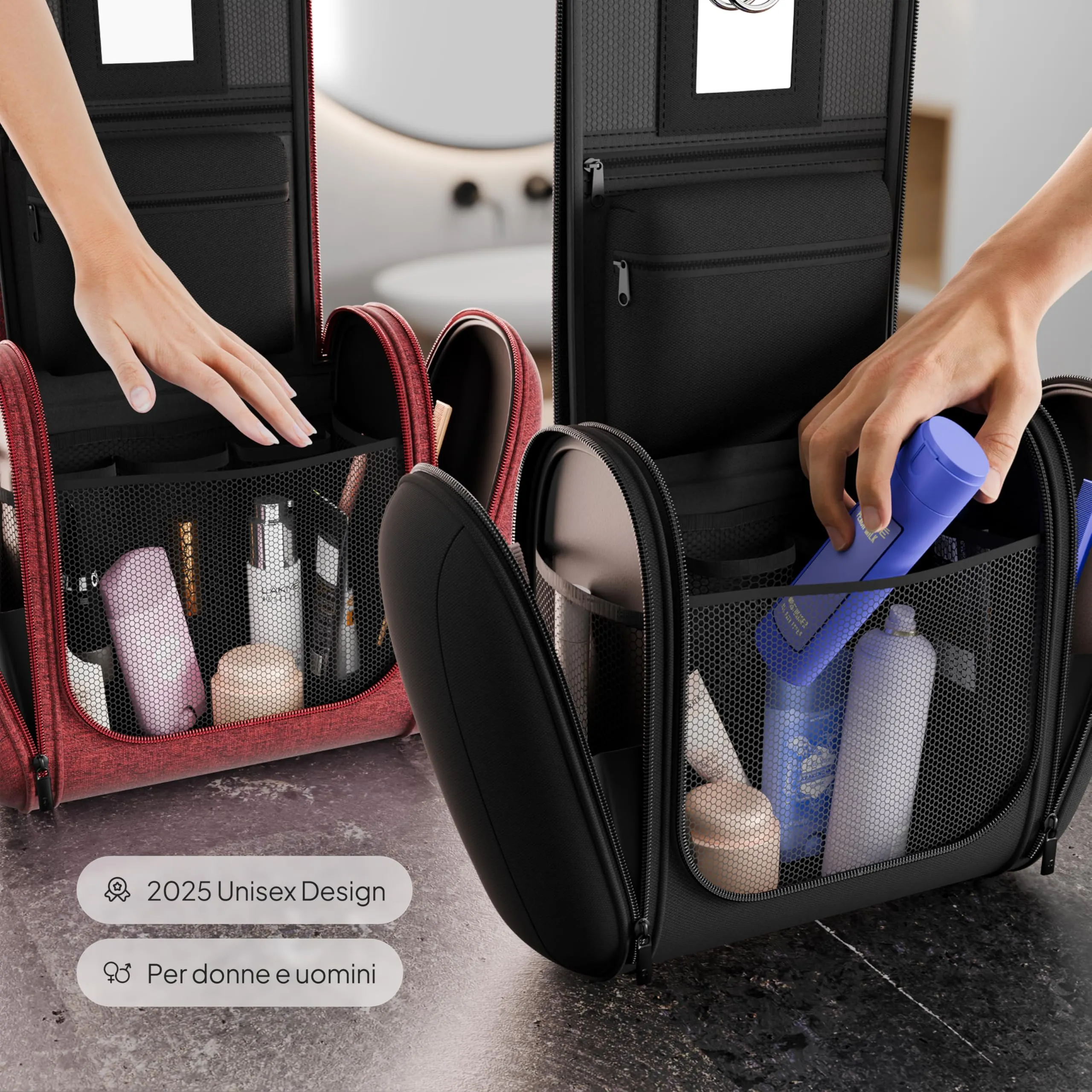 VanLindson Beauty Case da Viaggio Uomo e Donna da Appendere, 8L, Nero/Rosso - immagine 4
