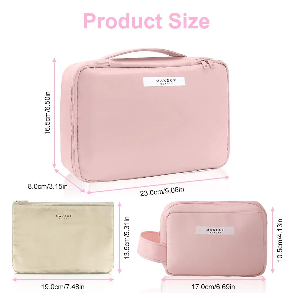 Aucuu Astuccio Per Trucco, Grande Astuccio Cosmetico, Portatile, Borsa Per Cosmetici A Cerniera, Astuccio Trucco Da Viaggio per Donne E Ragazze, Rosa, #2 rosa 2 pezzi, alla moda - immagine 2