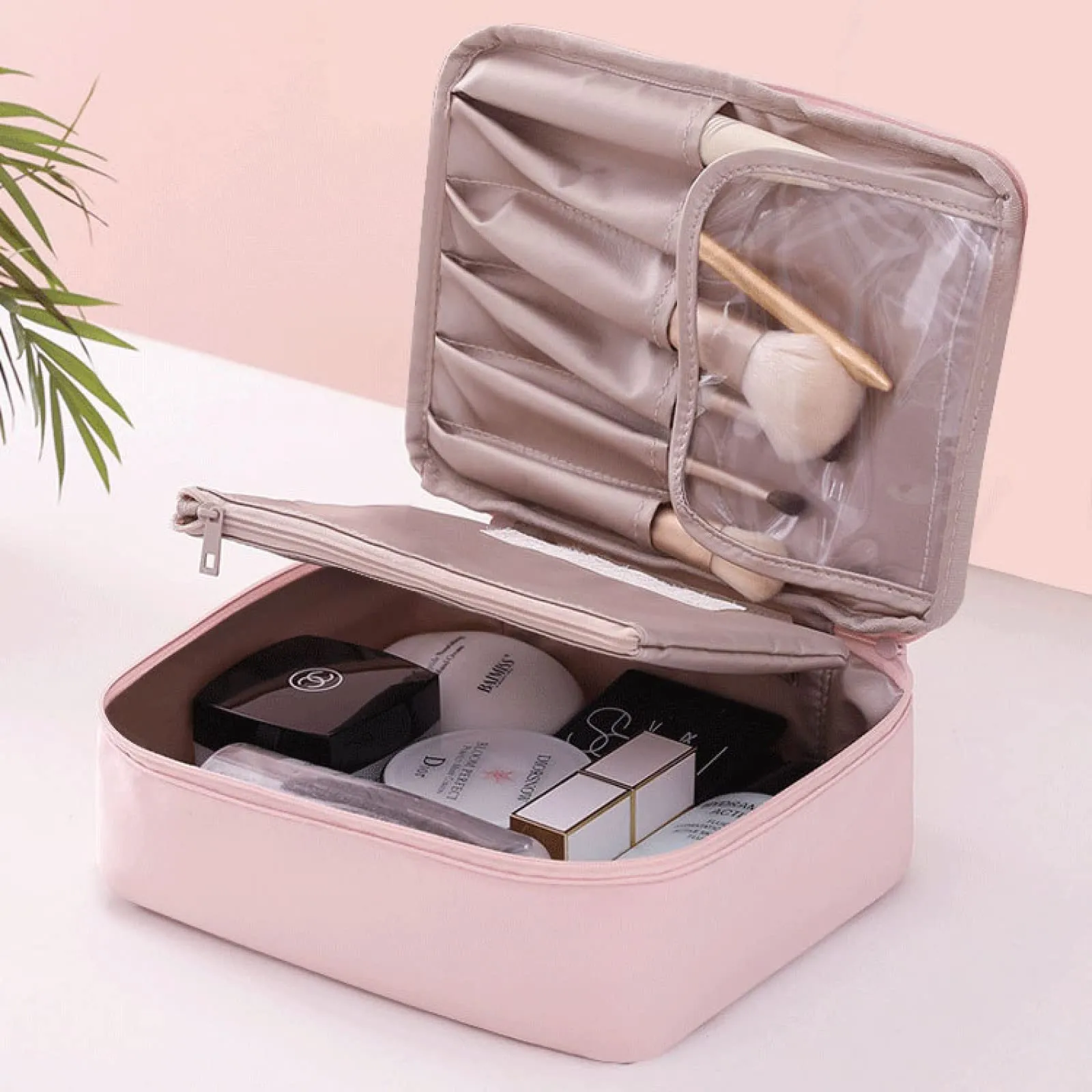 Aucuu Astuccio Per Trucco, Grande Astuccio Cosmetico, Portatile, Borsa Per Cosmetici A Cerniera, Astuccio Trucco Da Viaggio per Donne E Ragazze, Rosa, #2 rosa 2 pezzi, alla moda - immagine 4