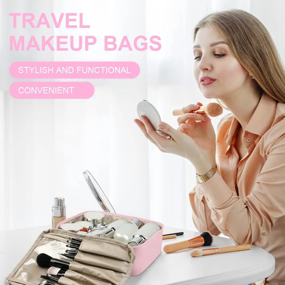 Aucuu Astuccio Per Trucco, Grande Astuccio Cosmetico, Portatile, Borsa Per Cosmetici A Cerniera, Astuccio Trucco Da Viaggio per Donne E Ragazze, Rosa, #2 rosa 2 pezzi, alla moda - immagine 6