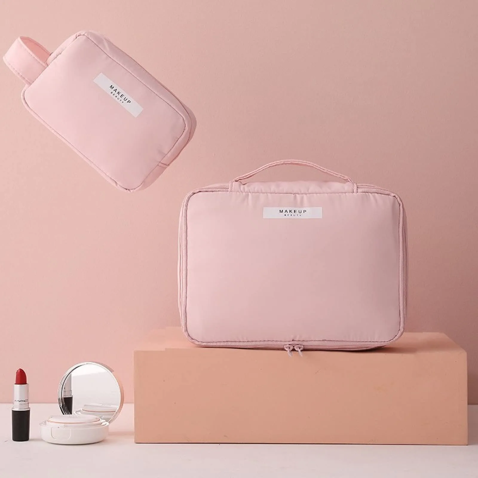 Aucuu Astuccio Per Trucco, Grande Astuccio Cosmetico, Portatile, Borsa Per Cosmetici A Cerniera, Astuccio Trucco Da Viaggio per Donne E Ragazze, Rosa, #2 rosa 2 pezzi, alla moda - immagine 8