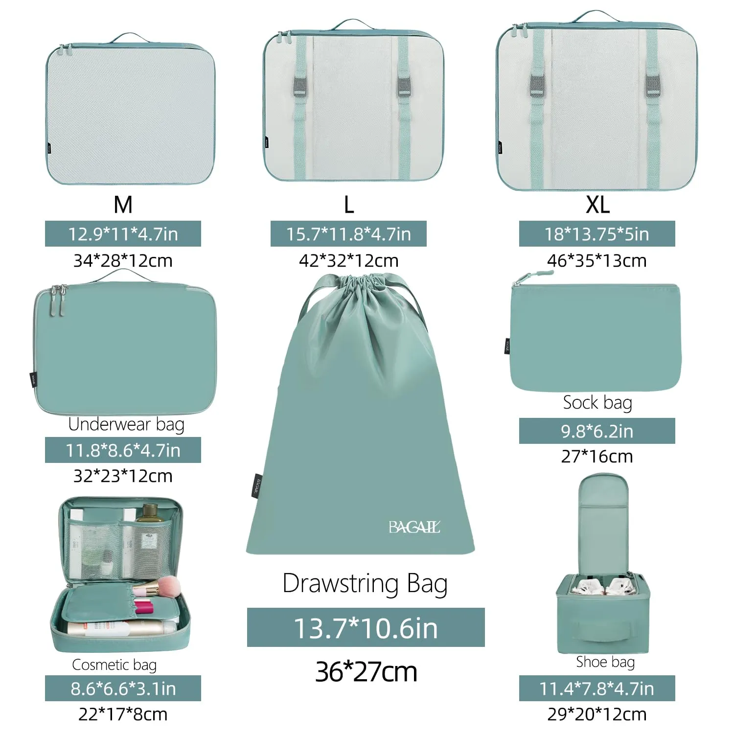 BAGAIL Cubi da Imballaggio per Valigia Set 8 Pezzi, Organizzatori Leggeri per Bagagli e Accessori da Viaggio, Blu polvere - immagine 2