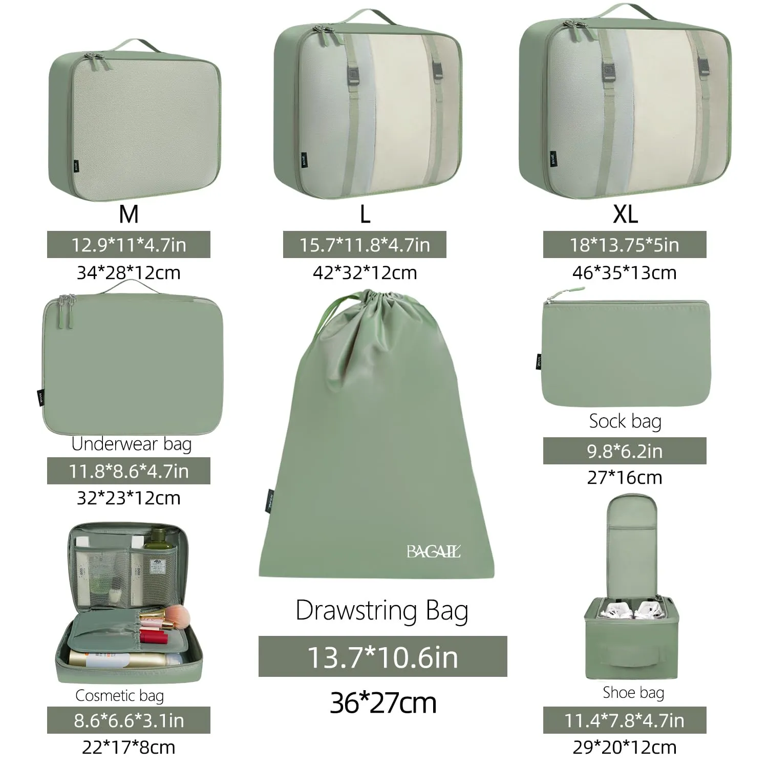 BAGAIL Cubi da Imballaggio per Valigia Set 8 Pezzi, Organizzatori Leggeri per Bagagli e Accessori da Viaggio, Verde matcha - immagine 2