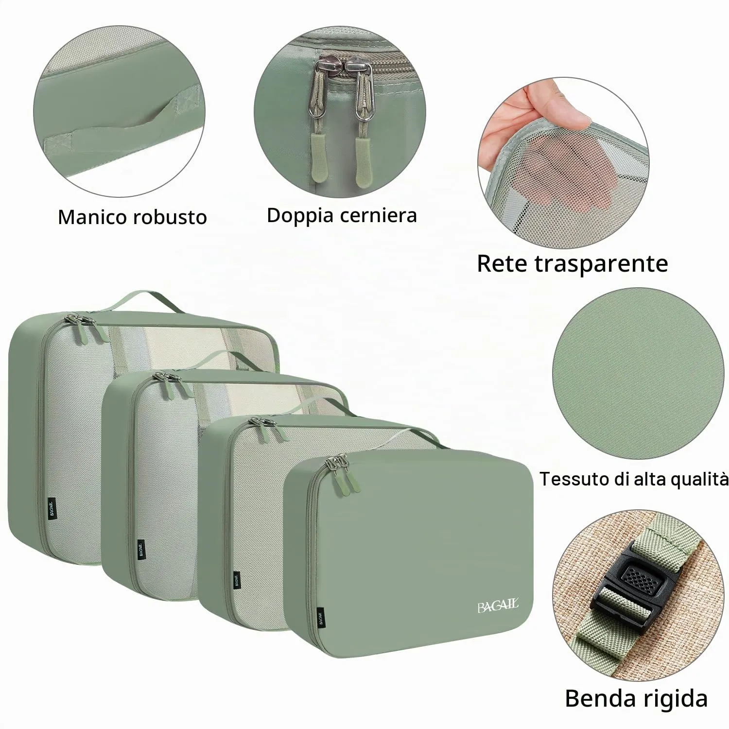 BAGAIL Cubi da Imballaggio per Valigia Set 8 Pezzi, Organizzatori Leggeri per Bagagli e Accessori da Viaggio, Verde matcha - immagine 4