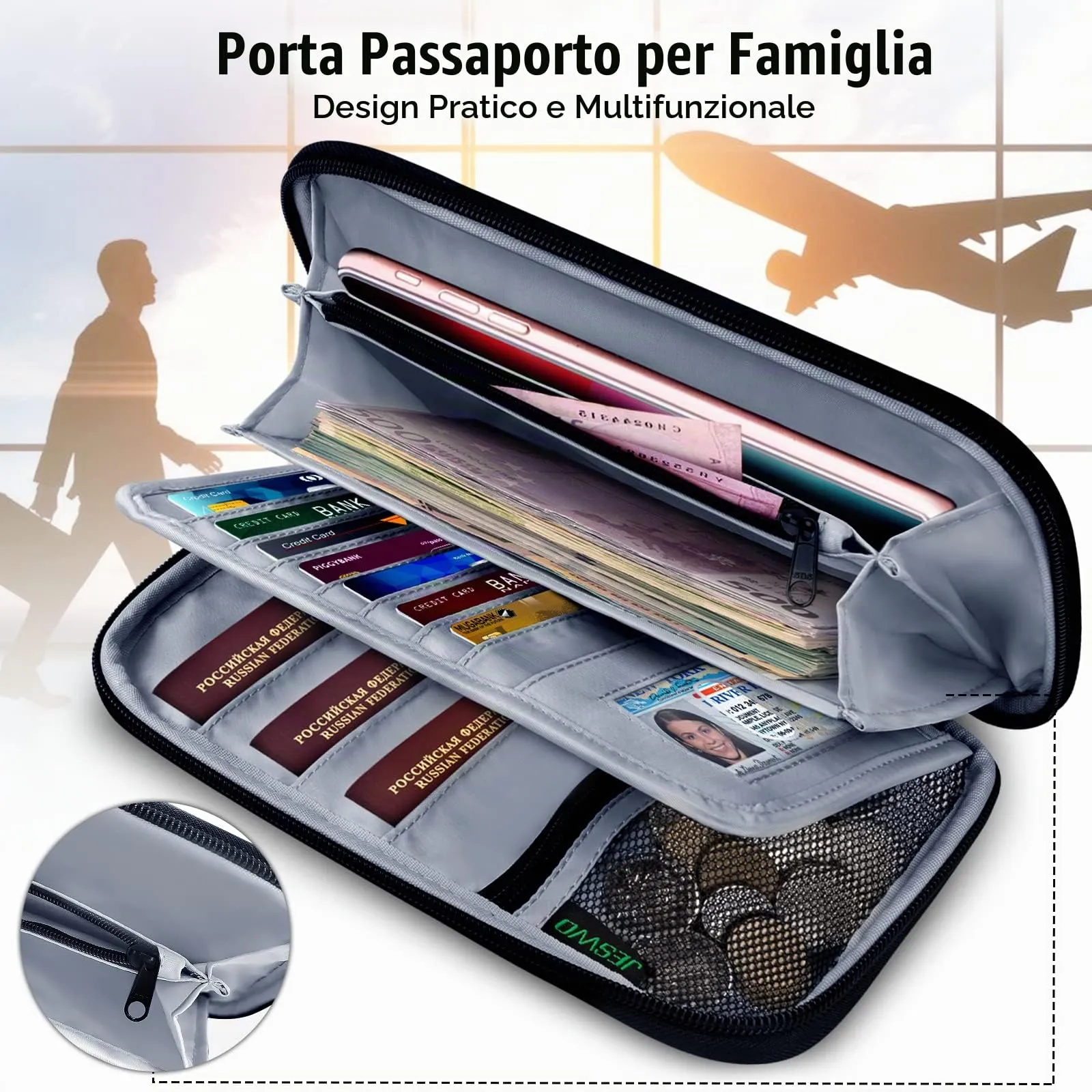 LUROON Custodia Porta Passaporti Famiglia con Protezione RFID Porta documenti da Viaggio Portafoglio Documenti & Organizer per Passaporti, Carte di credito, Carte D'Imbarco, Contanti, Monete - immagine 2