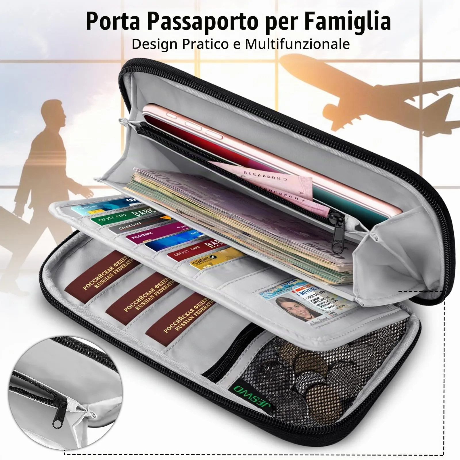 LUROON Custodia Porta Passaporti Famiglia con Protezione RFID Porta documenti da Viaggio Portafoglio Documenti & Organizer per Passaporti, Carte di credito, Carte D'Imbarco, Contanti, Monete - immagine 3