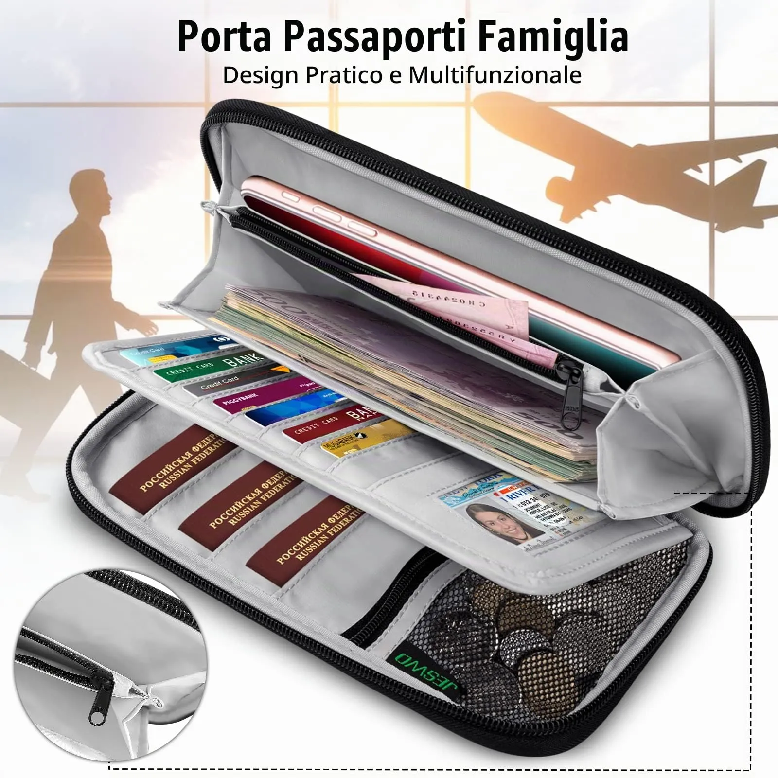 LUROON Custodia Porta Passaporti Famiglia con Protezione RFID Porta documenti da Viaggio Portafoglio Documenti & Organizer per Passaporti, Carte di credito, Carte D'Imbarco, Contanti, Monete - immagine 3