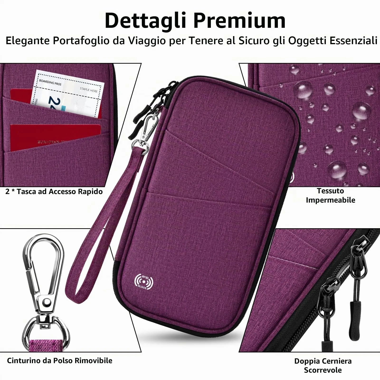 LUROON Custodia Porta Passaporti Famiglia con Protezione RFID Porta documenti da Viaggio Portafoglio Documenti & Organizer per Passaporti, Carte di credito, Carte D'Imbarco, Contanti, Monete - immagine 4