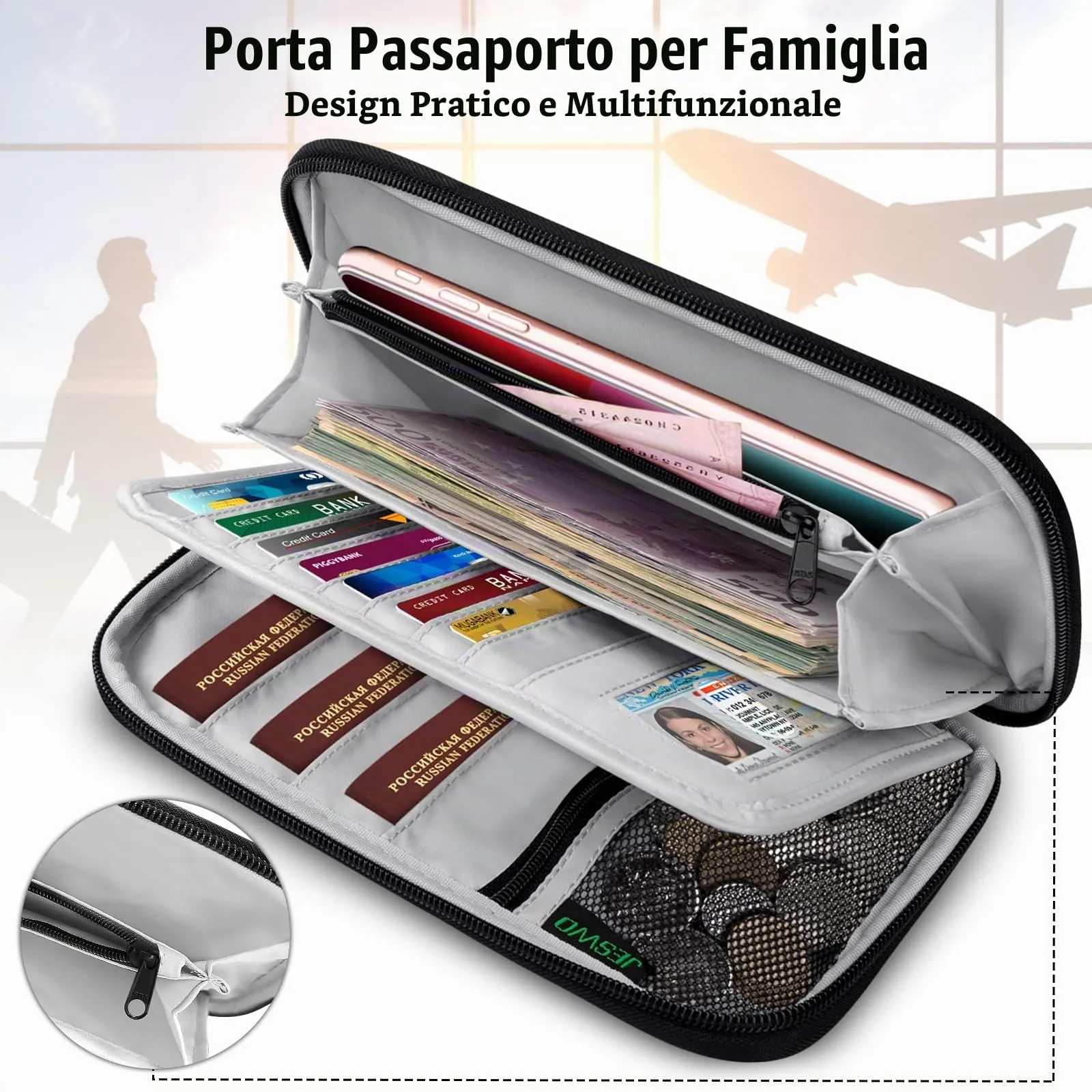 LUROON Custodia Porta Passaporti Famiglia con Protezione RFID Porta documenti da Viaggio Portafoglio Documenti & Organizer per Passaporti, Carte di credito, Carte D'Imbarco, Contanti, Monete - immagine 3
