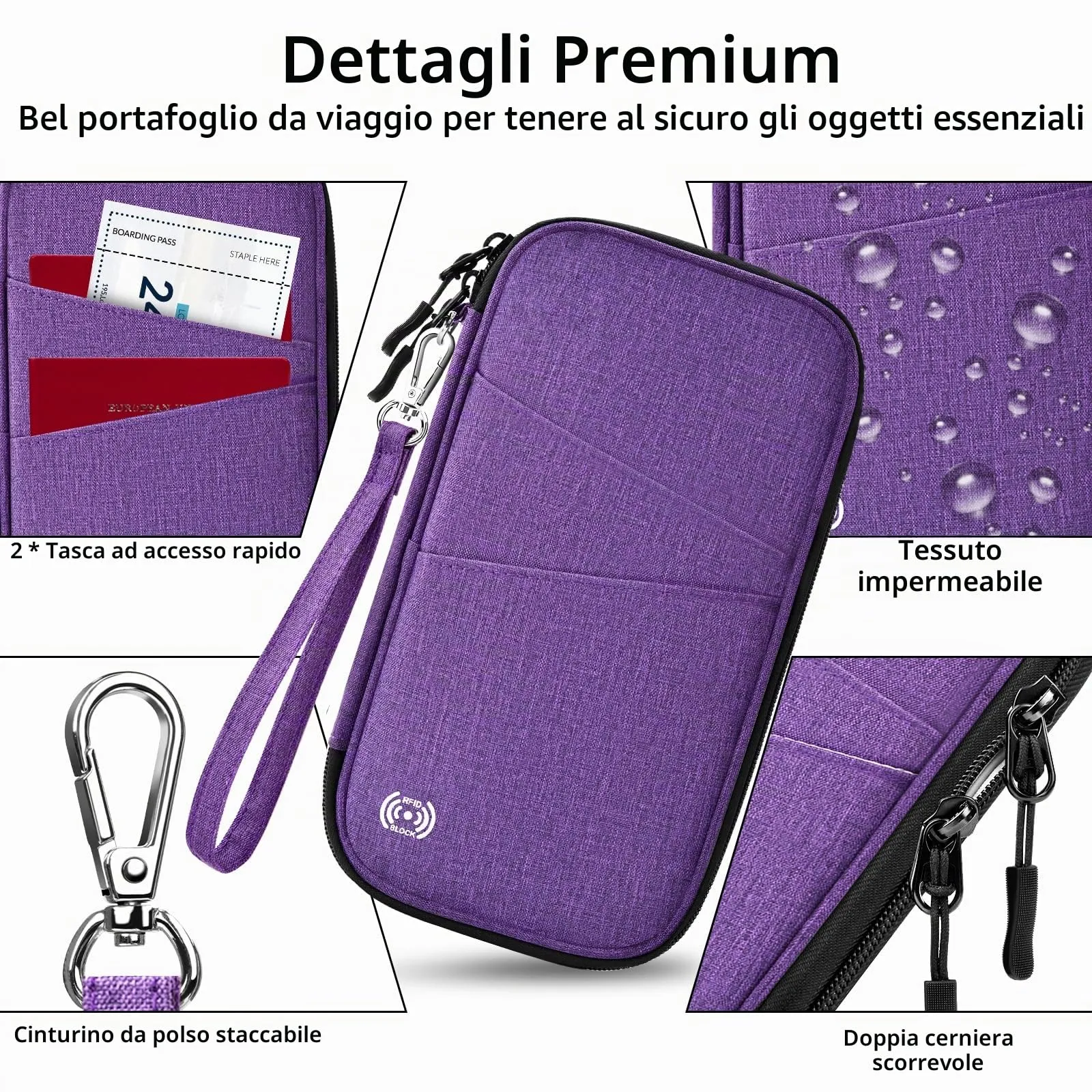 LUROON Custodia Porta Passaporti Famiglia con Protezione RFID Porta documenti da Viaggio Portafoglio Documenti & Organizer per Passaporti, Carte di credito, Carte D'Imbarco, Contanti, Monete - immagine 4