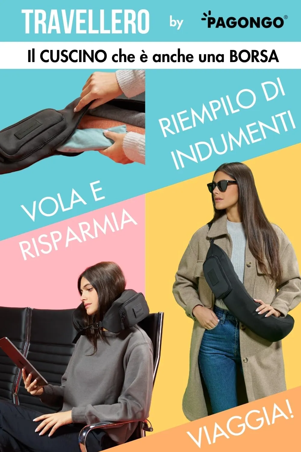 PAGONGO TRAVELLERO Cuscino da Viaggio Riempibile con Vestiti, Taglia Media | Cuscino Aereo, Borsa Cuscino, Viaggio Accessori Utili, Accessori Viaggio, Kit Viaggio (Nero, Media) - immagine 2