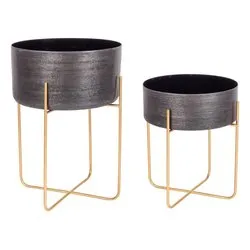 Set porta vasi piante 2 pz alluminio VARANASI Nero e Oro 0182955 - immagine 1