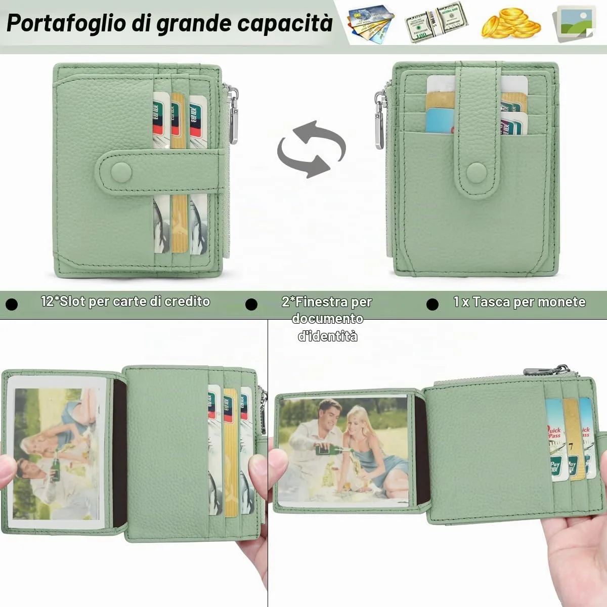 REETEE Porta Carte Credito Uomo e Donna RFID Blocco Portafoglio Sottile con Portamonete Vera Pelle Portacarte di Credito con Cerniera, Portacarte Uomo Slim con 14 Slot per Schede (verde chiaro) - immagine 2