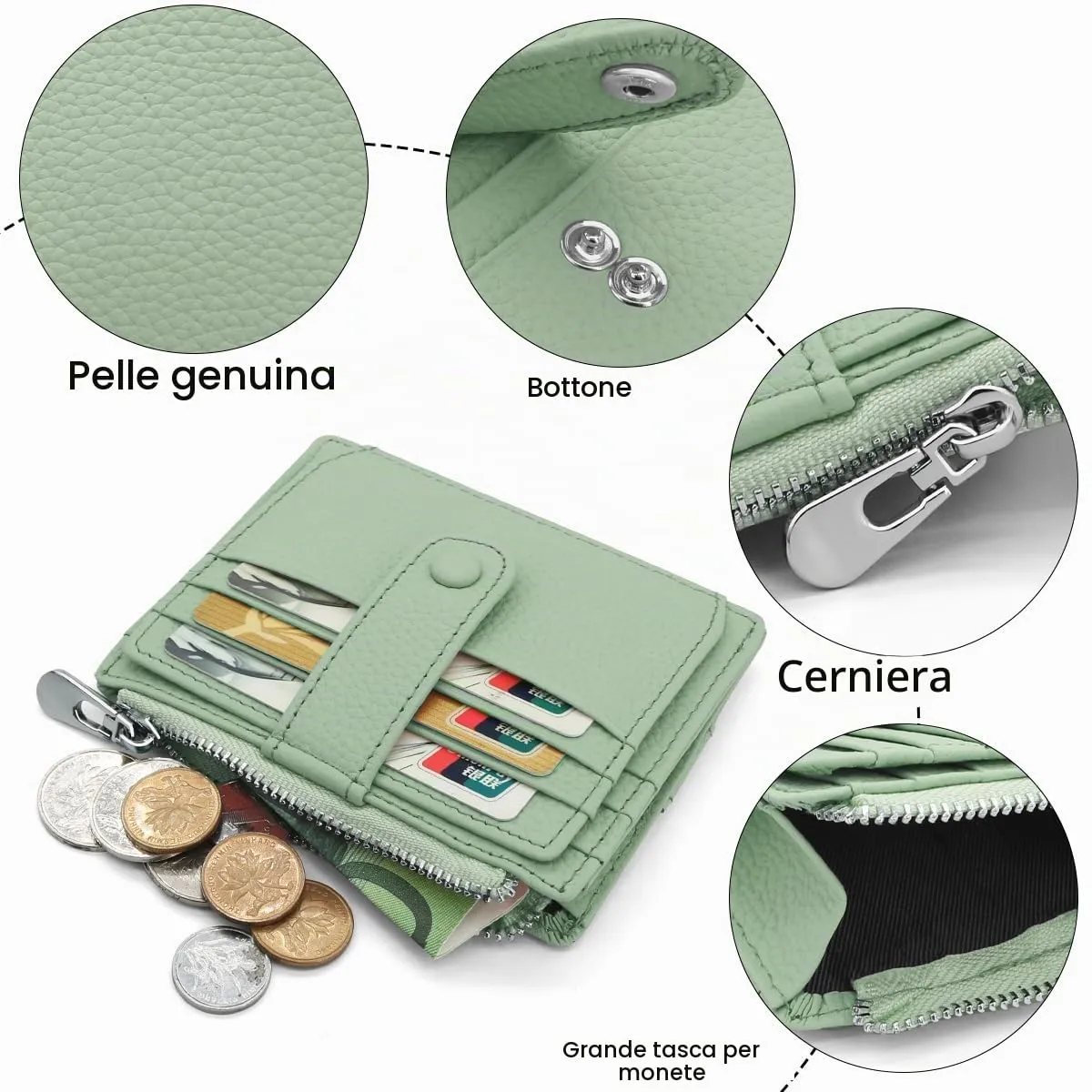 REETEE Porta Carte Credito Uomo e Donna RFID Blocco Portafoglio Sottile con Portamonete Vera Pelle Portacarte di Credito con Cerniera, Portacarte Uomo Slim con 14 Slot per Schede (verde chiaro) - immagine 3