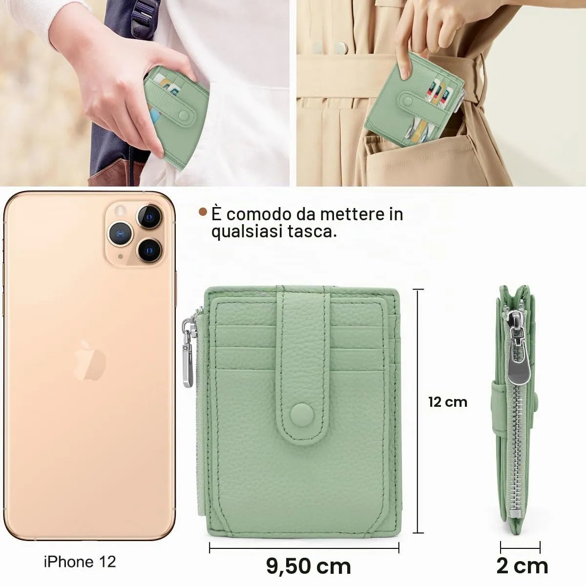 REETEE Porta Carte Credito Uomo e Donna RFID Blocco Portafoglio Sottile con Portamonete Vera Pelle Portacarte di Credito con Cerniera, Portacarte Uomo Slim con 14 Slot per Schede (verde chiaro) - immagine 5